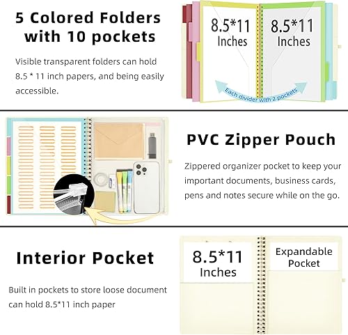 Vista 31 de Ospelelf Portapapeles plegable en espiral con bolsa de almacenamiento con cremallera, 5 carpetas de plástico con 10 bolsillos, bloc de notas forrado