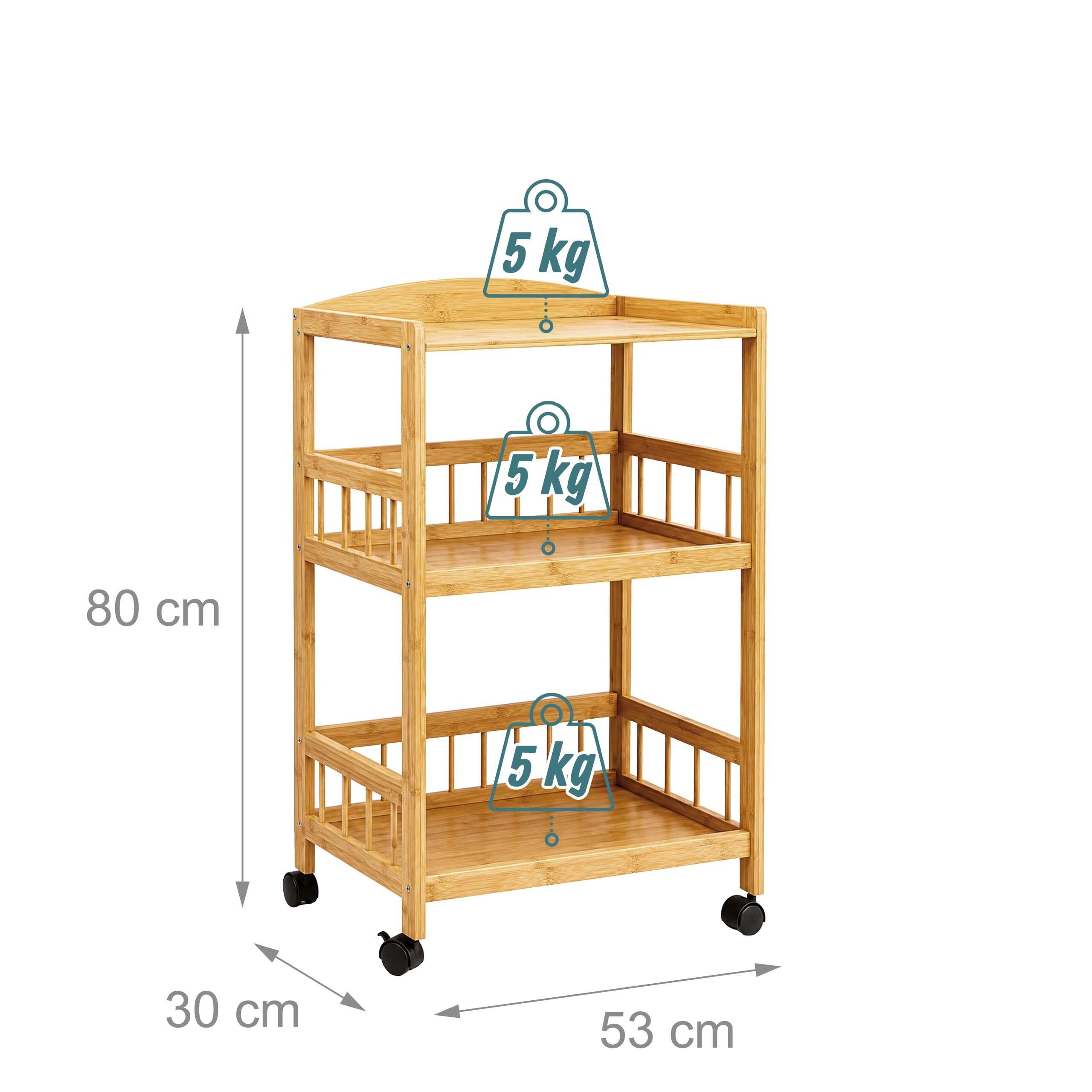 Relaxdays Chariot de Service Bambou 80 x 53 x 30 cm, 3 étages, Naturel | Étagère à roulettes pour la cuisine et le salon, chariot de cuisine
