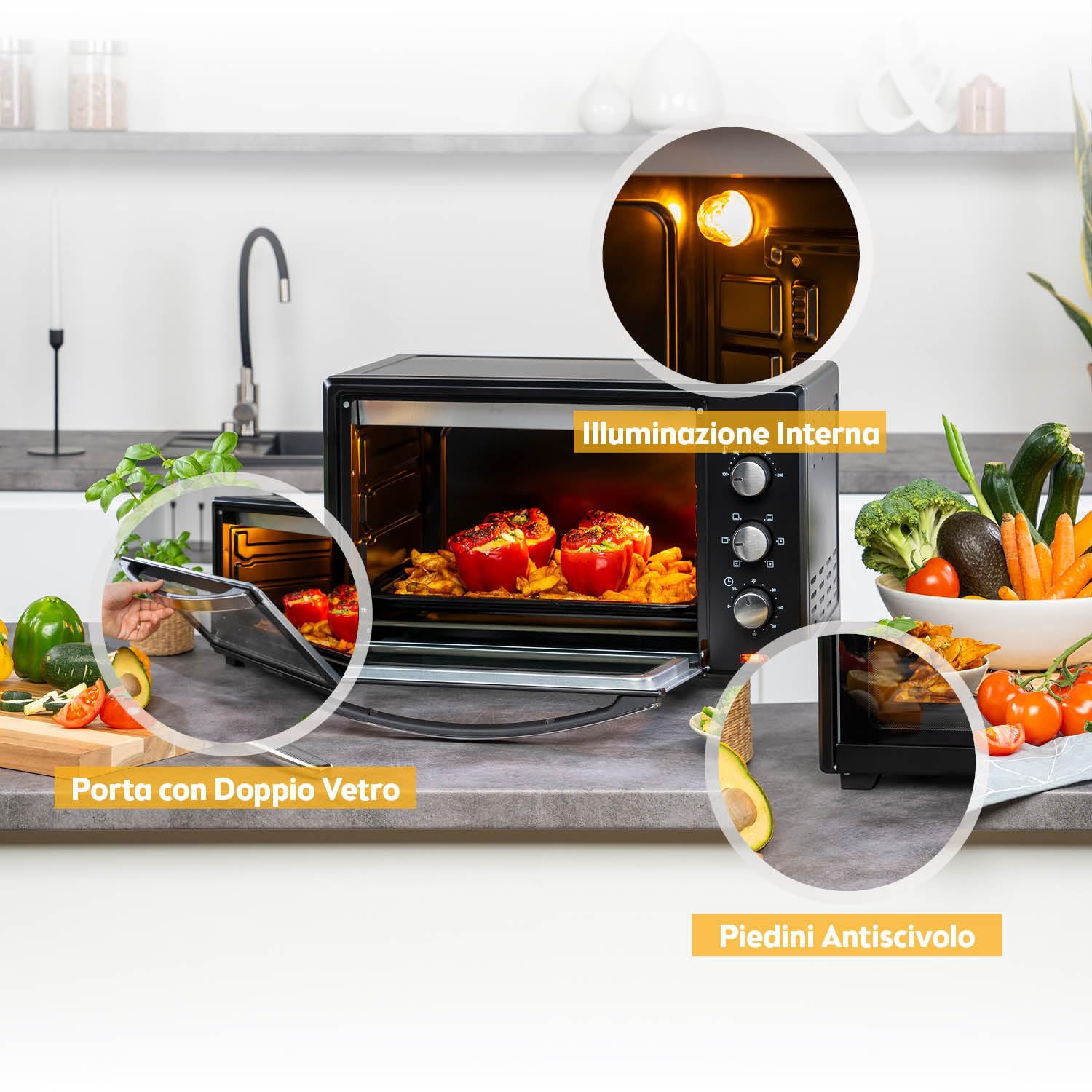 TZS First Austria - Mini Forno 35L 1600W - Fornetto per pizza con regolazione temperatura fino a 230°C e rivestimento antiaderente - Con timer di 60 min, 3 altezze di inserimento, teglia e griglia