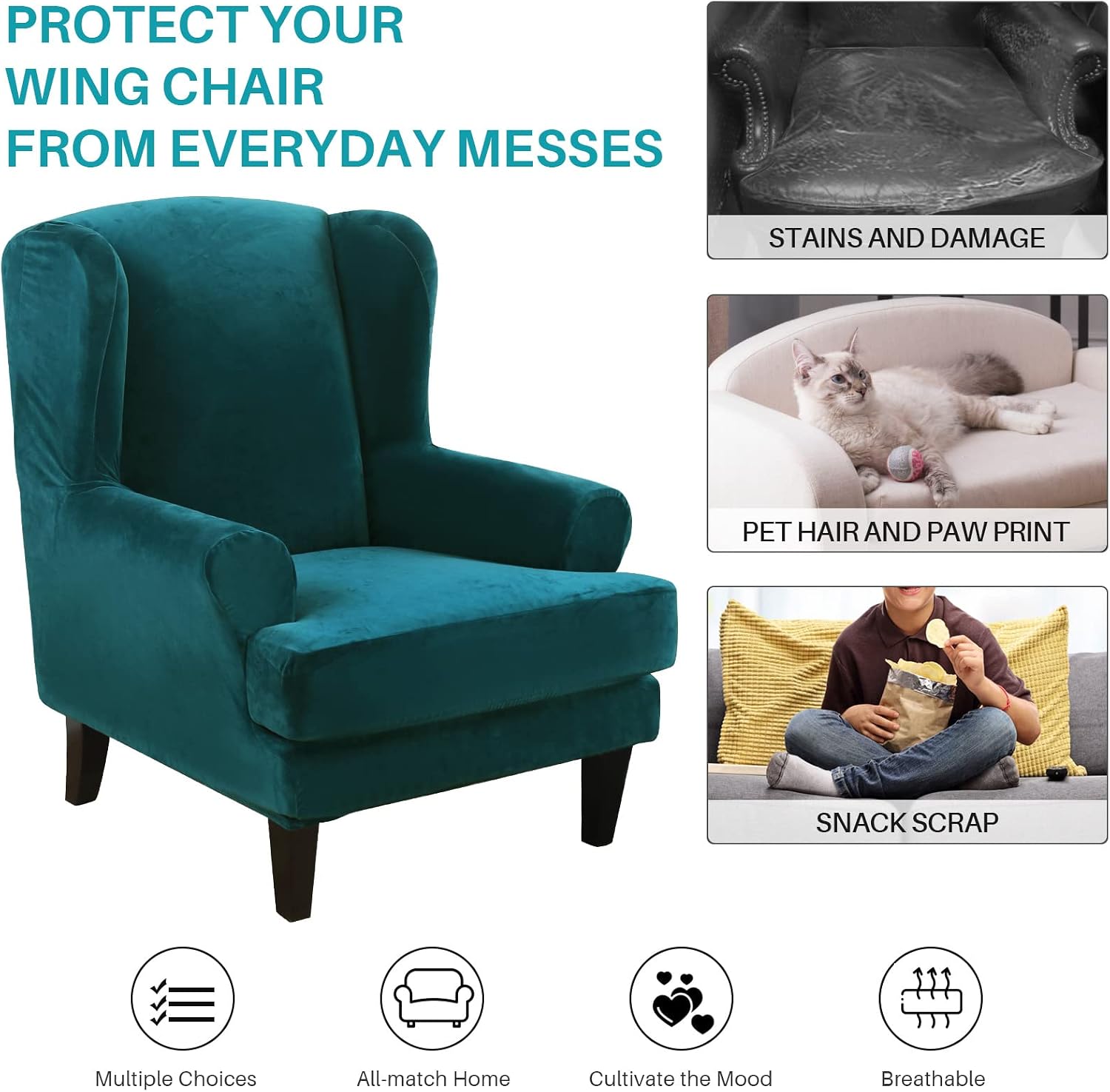 MIFXIN Wingback Chair Slipcover 2-Piece Velvet Stretch Wing Chair Slipcovers with Cushion Cover Removable Washable Armchair Sofa Furniture Protector for Living Room (Teal)