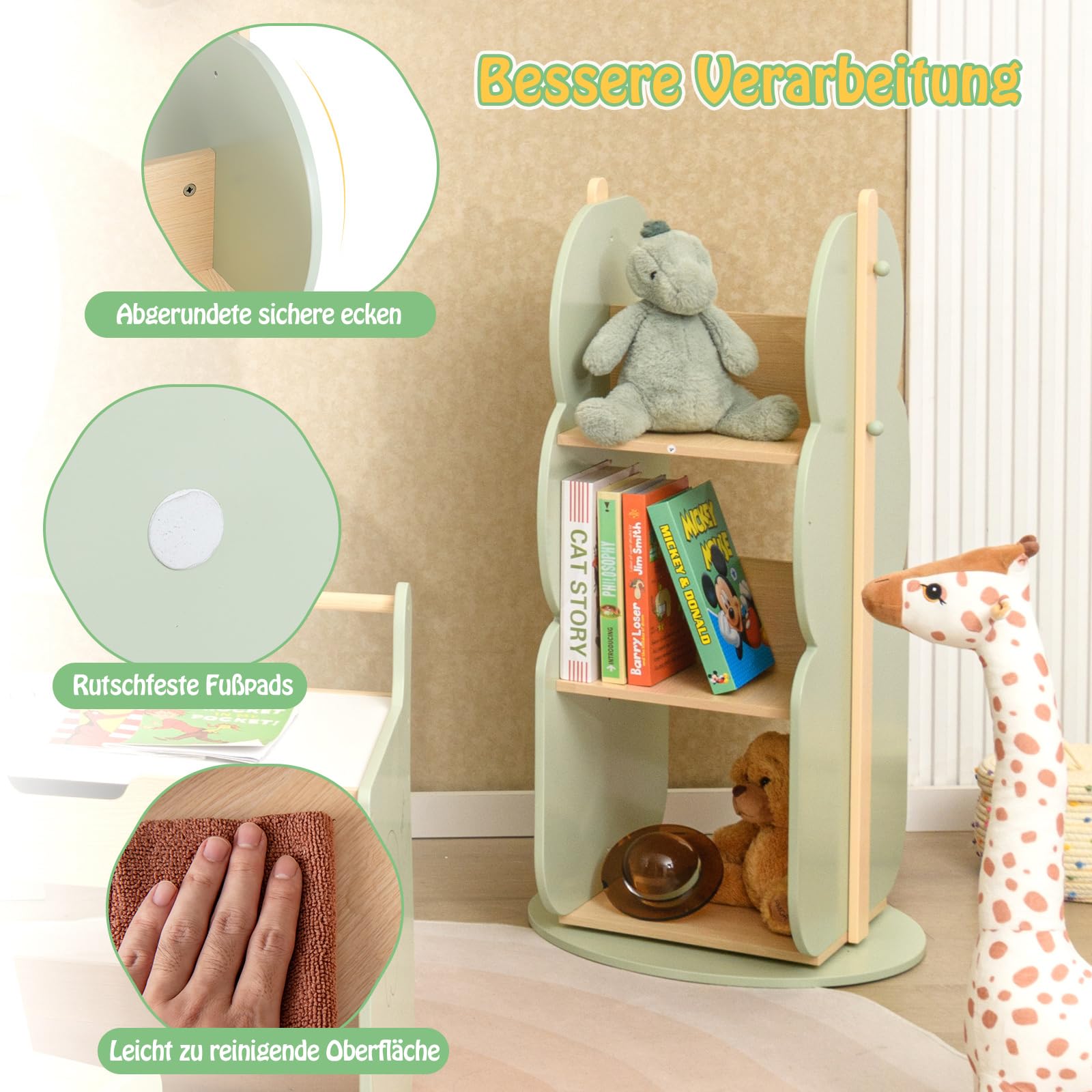 COSTWAY Bücherregal Kinder, drehbares Kinderregal mit 3 Ebenen & 5 offene Fächern, Regal Kinderzimmer, Drehregal Spielzeugregal freistehend für Kinderzimmer, Spielzimmer, Wohnzimmer, Kindergarten