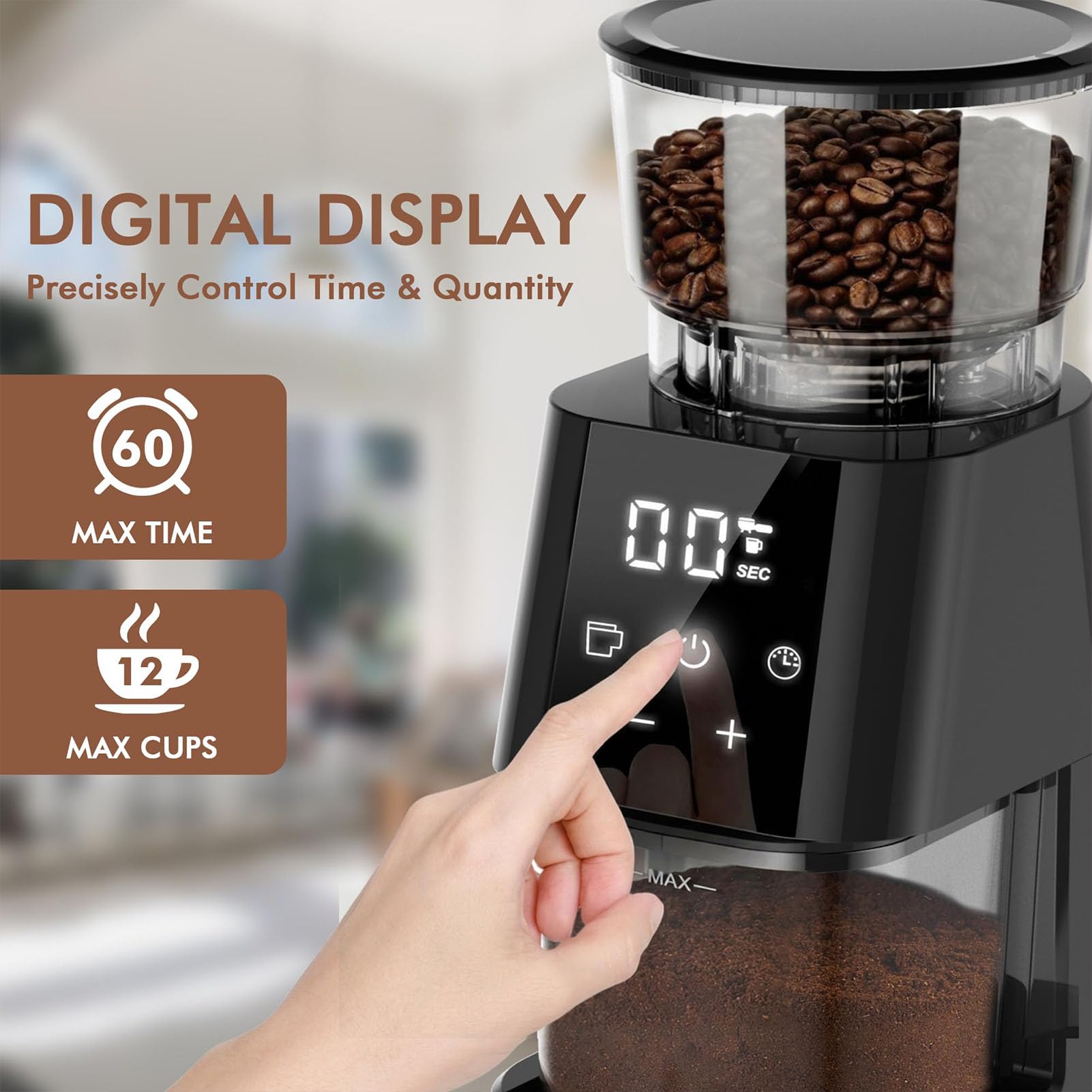 Molinillo De Café Eléctrico, Molinillo Automático De Muelas Cónicas 350-450 | Pantalla Táctil, 30 Niveles de Grosor de Molienda, Dispositivo Antiestático, Capacidad de 130g para 2-12 Tazas, para Espresso