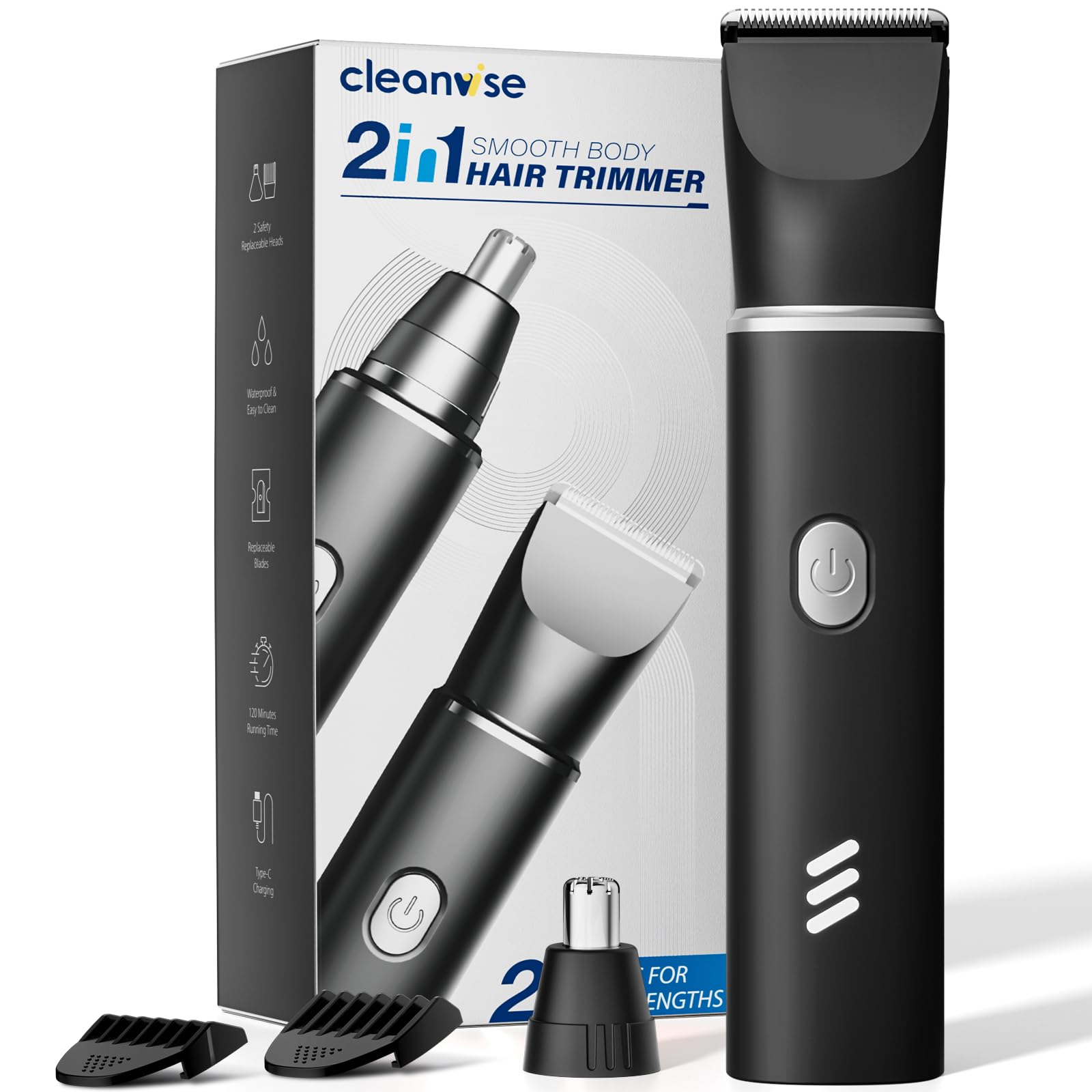 Intimrasierer Mann mit Nasenhaartrimmer 2-in-1, Schmerzfreier Wiederaufladbarer Körperrasierer Herren für Beine Brust Achselhöhle Leiste Nase und Ohren, 2 Empfindliche Kämme, Wasserdicht, Reisesperre