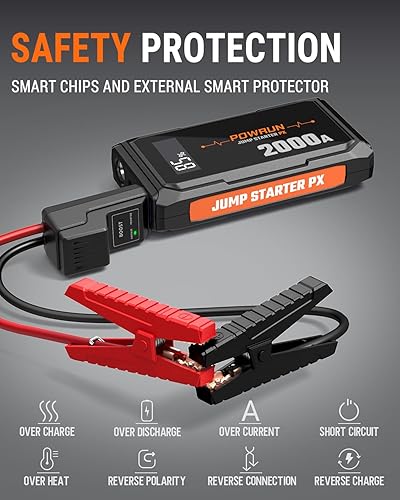 Miniatura 4 de Powrun P-X Jump Starter, caja de salto portátil de 2000 A - Paquete de baterías de arranque de coche para motores de gasolina de hasta 6.0L y 5.0L