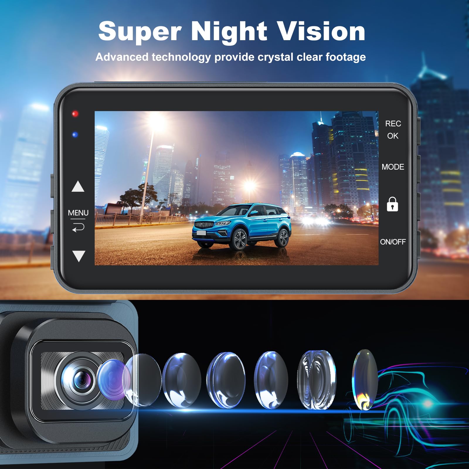 Cámara de salpicadero delantera y trasera, cámara dual para coche 4K, 5 GHz, WiFi GPS, pantalla táctil IPS de 3 pulgadas, 64 GB, visión nocturna, gran angular de 170°, modo de estacionamiento 24H