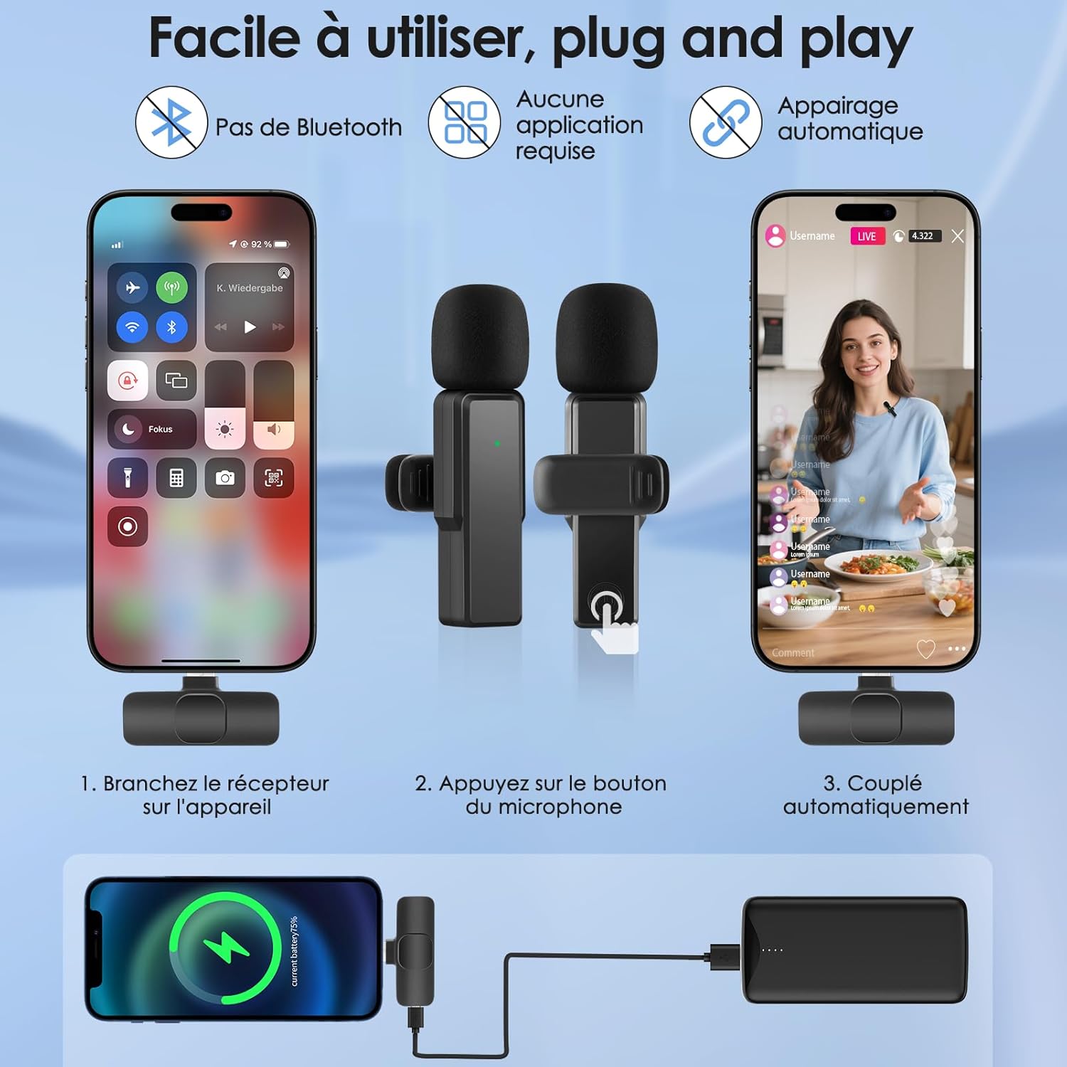 Diagram showing the three steps for plug-and-play setup: 1. Plug receiver into device, 2. Press microphone button, 3. Automatic pairing and ready for use.