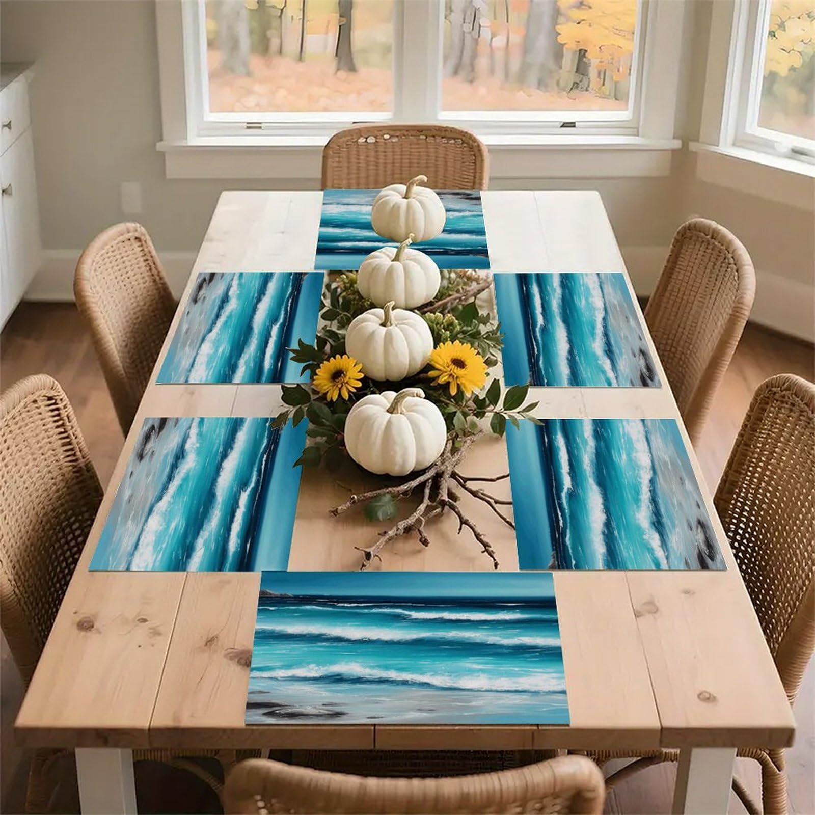 Turquoise Beach Original Seascape Placemats Wipeable Heat Resistant Table Mats Washable Flax Place Mats Elegant Cloth Non-Slip Placemat for Kitchen Dinning Party Table Decor 12 * 18 in