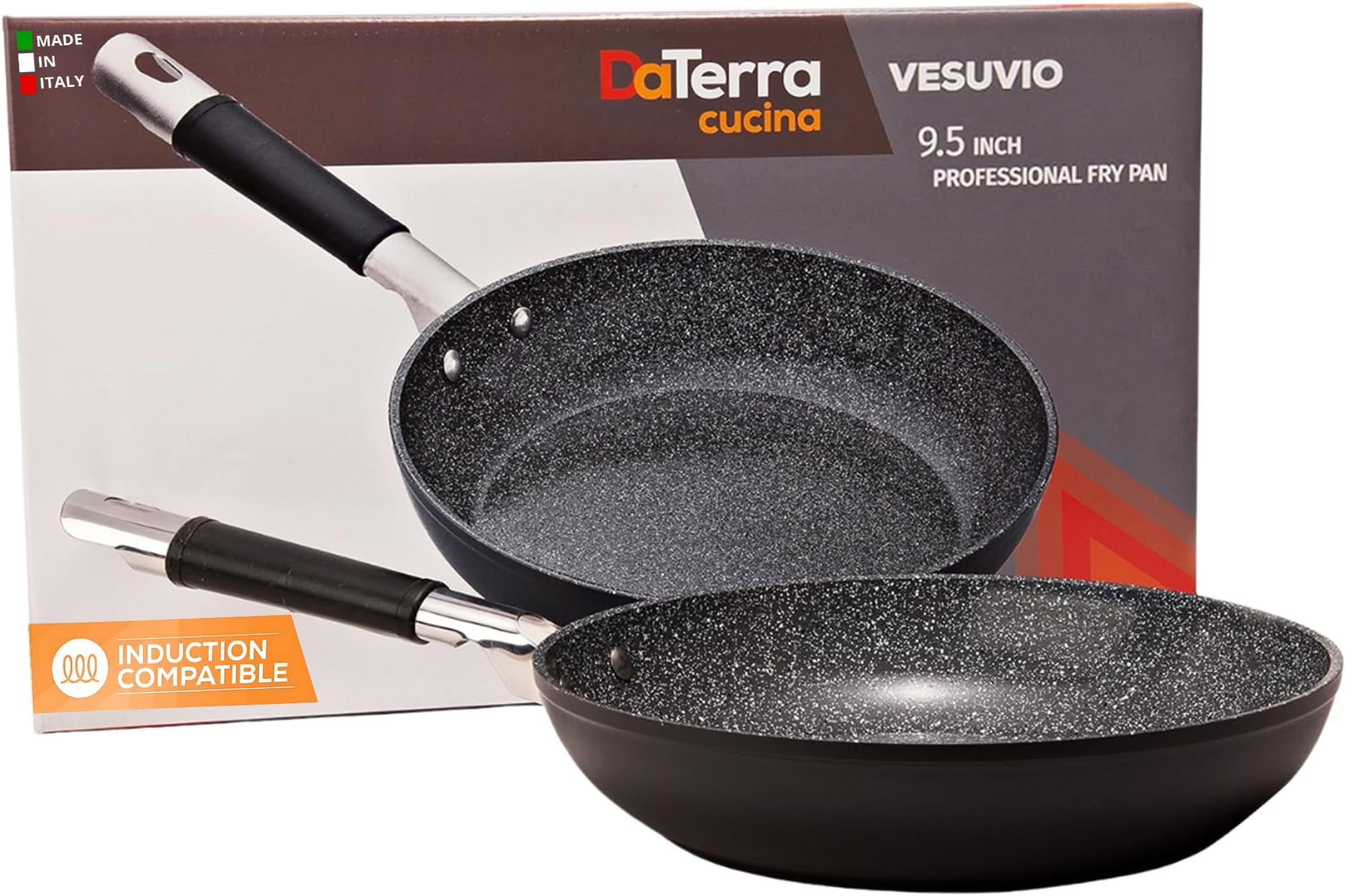Vesuvio Ceramic Coated Nonstick Frying Pan, 9.5 Inch | Heat Resistant Silicone Handle | Durable, High Heat Aluminum Base with No PTFE, PFOA, Lead or Cadmium | Oven & Dishwasher Safe | Made In Italy