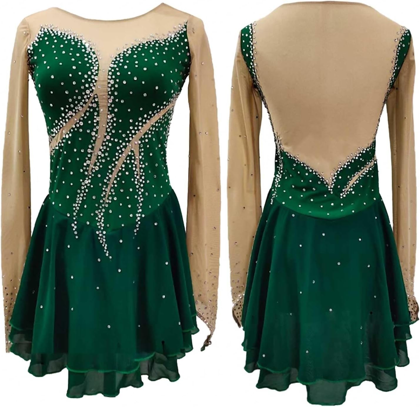 Figure Skating Dress for Girls Women's Crew Neck Competition Ice Skating Dress Long Sleeve Skating Ballerina Outfits