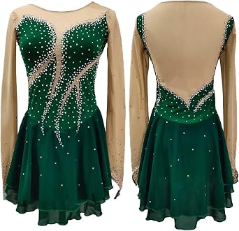 Figure Skating Dress for Girls Womens Crew Neck Competition Ice Skating Dress Long Sleeve Skating Ballerina Outfits