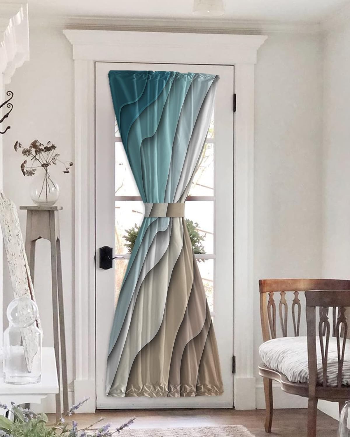 Blackout Door Curtains for Doorway Privacy, Ombre Teal & Brown French Door Curtain Thermal Insulated Curtains for Front Door Rod Pocket Glass Door Panel 25x72in Abstract Waves