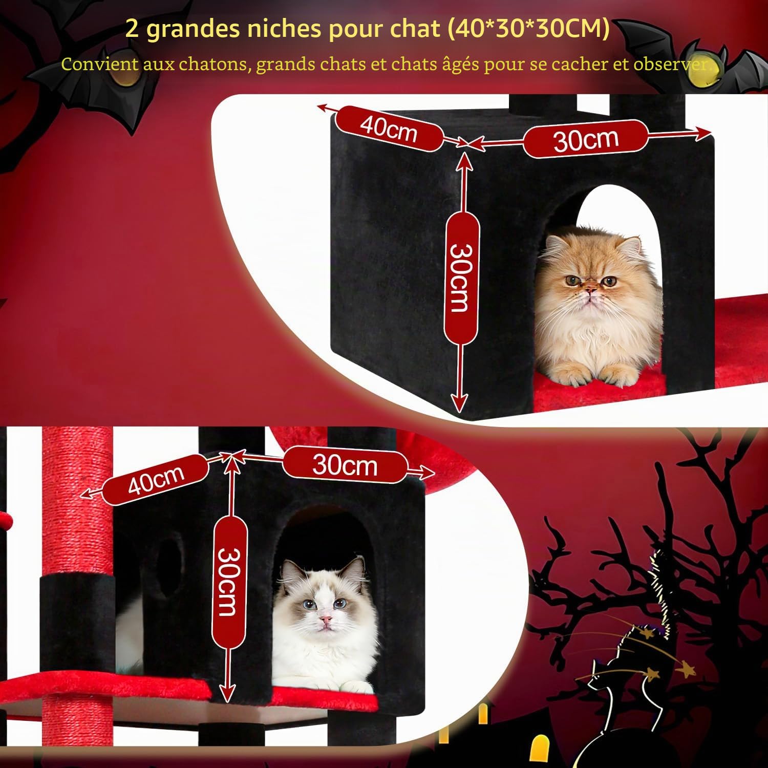 Globlazer Arbre a Chat Noir Rouge XXL 193 cm avec 2 Grande Niches, Immenso Hamac, Vaste Plate-Forme, 2 Panier, Perchoirs, Énorme Gothique Arbres à Chats Stable pour 3-5 Gros Chats (S76B, Noir Rouge)