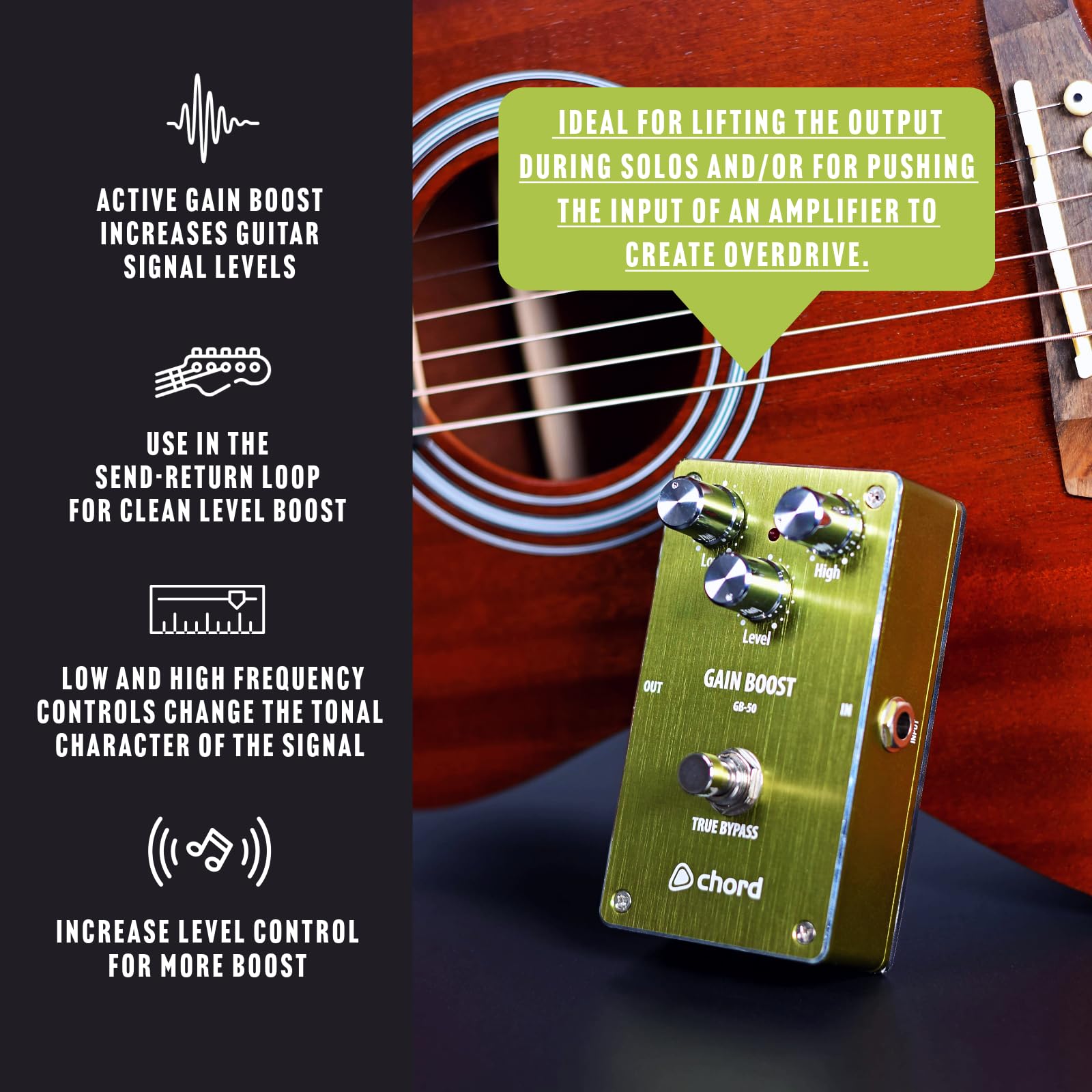 Chord Pedal de efectos de guitarra | GB-50 Gain Boost Pedal: eleva el tono de tu guitarra con ecualizador de 2 bandas para distorsión del amplificador y refuerzo solo, carcasa de aluminio fuerte