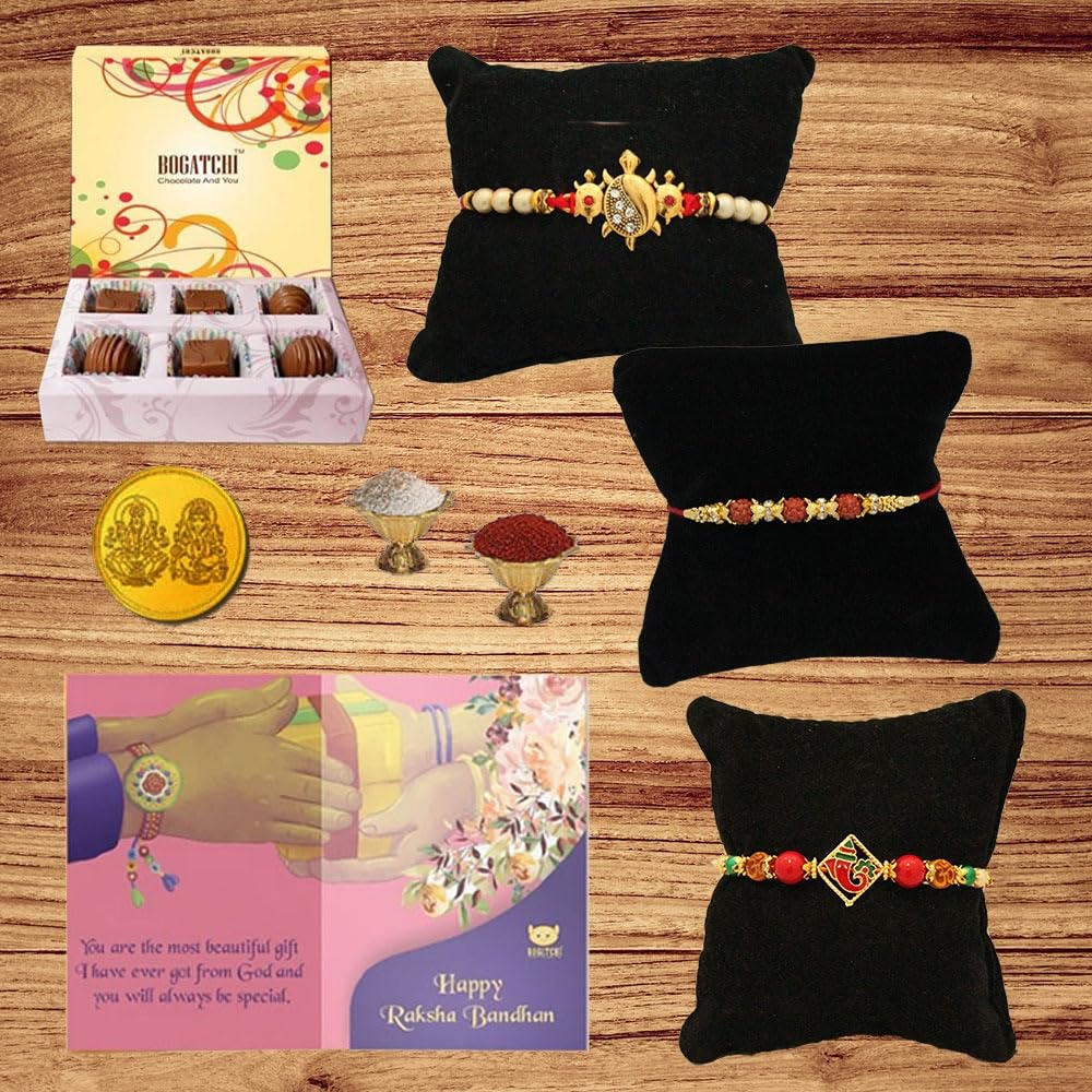 BOGATCHI Rakhi with Chocolates -Set of 5 Rakhi for Brother + 5 Piece Chocolate Box+ Free roli chawal+ Bro sis Greeting Card (B07VY5TGLY) Amazon Price History, Amazon Price Tracker