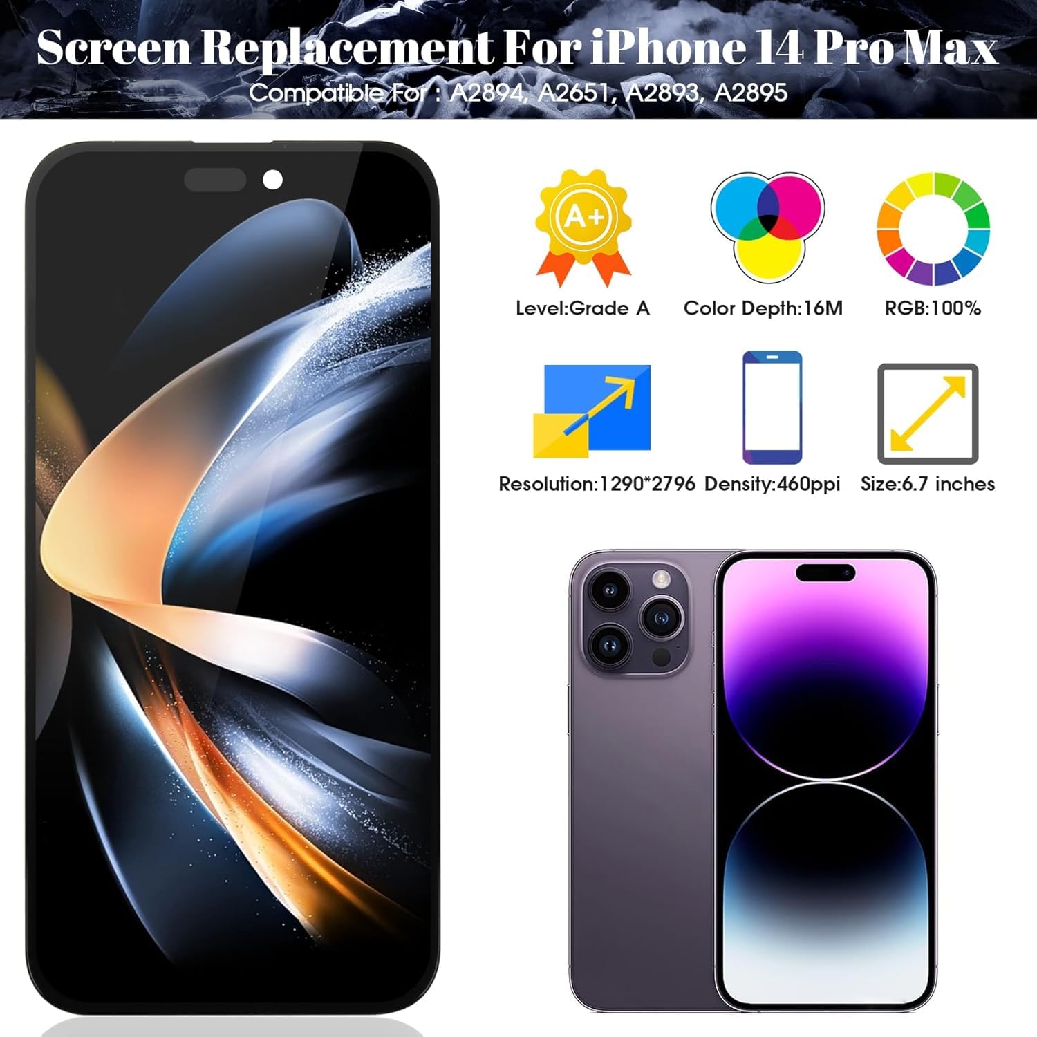 Schermo LCD TFT per iPhone 14 Pro Max per iPhone 14 Pro Max Sostituzione dello schermo A2894 A2893 A2895 Digitizer Touch Screen Assembly Kit di riparazione (nero, senza cornice)