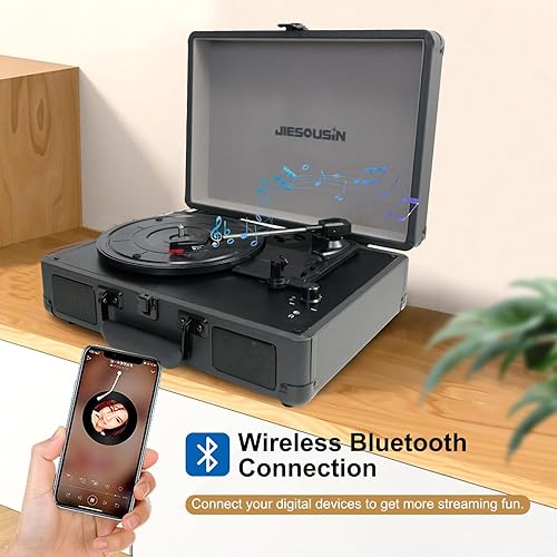 Miniatura 2 de Tocadiscos de vinilo, 3 velocidades Bluetooth portátil con altavoces integrados, auriculares, entrada AUX, reproductor de vinilo de línea RCA para