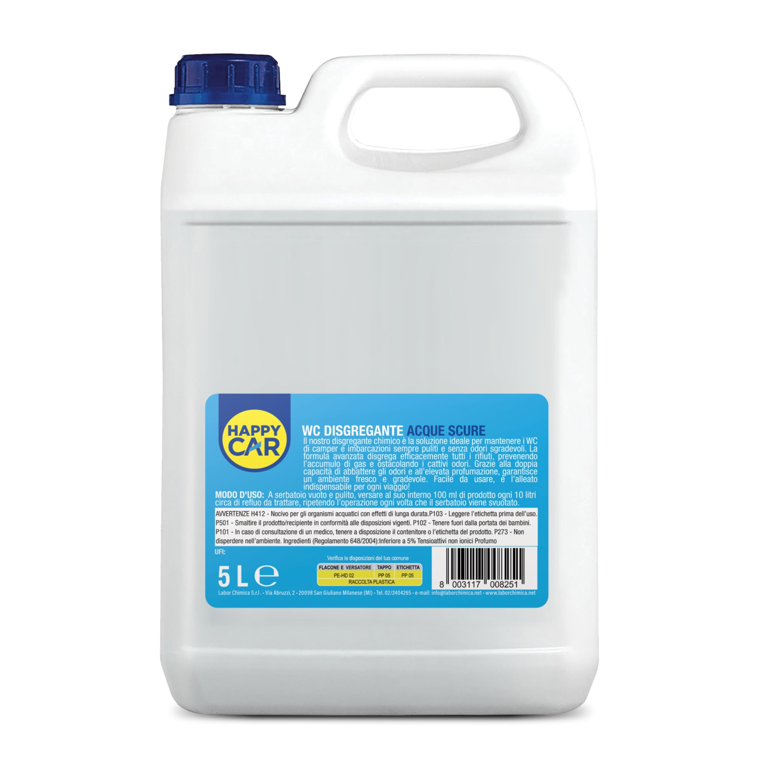 HappyCar Disgregante WC Camper Blu 5L - Liquido Acque Nere per Roulotte, Stop Cattivi Odori, Profumazione Reattiva e 2X Potere Deodorizzante con Dosatore Incluso - Made in Italy