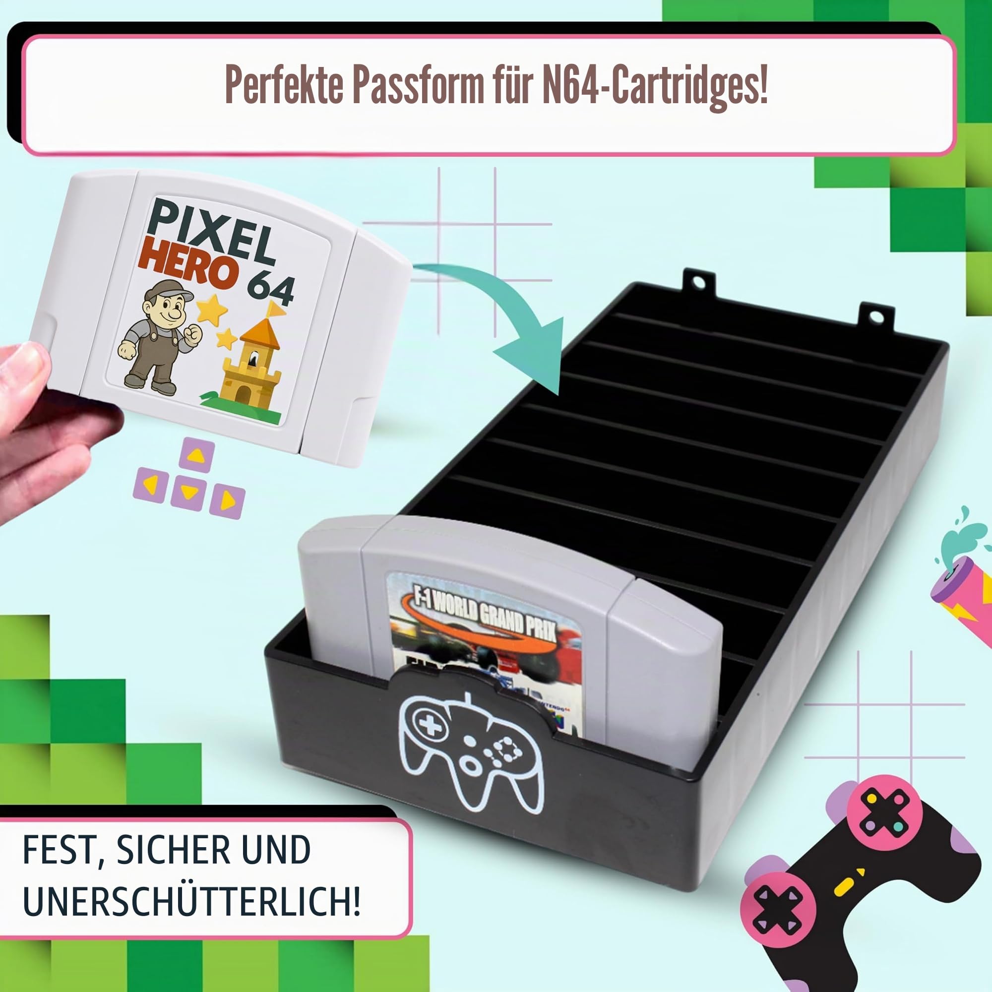 Skywin N64 Spielaufbewahrung – N64 Spielhalter passt und organisiert N64-Patronen – einfaches und stilvolles Design, um Ihre Spielesammlung zu zeigen