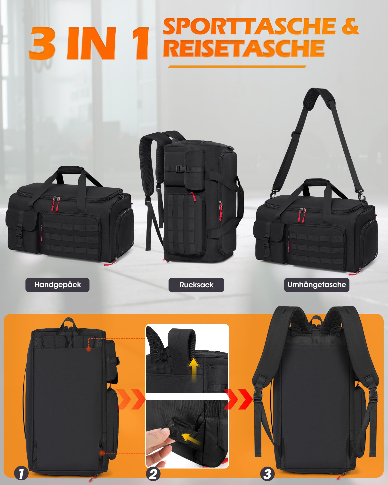 RAINSMORE 3 IN 1 Sporttasche Herren 45L Reisetasche Rucksackfunktion | Handgepäck Groß mit Schuhfach Latopfach und Nassfach Fitnesstasche Trainingstasche für Gym Reisen Weekender
