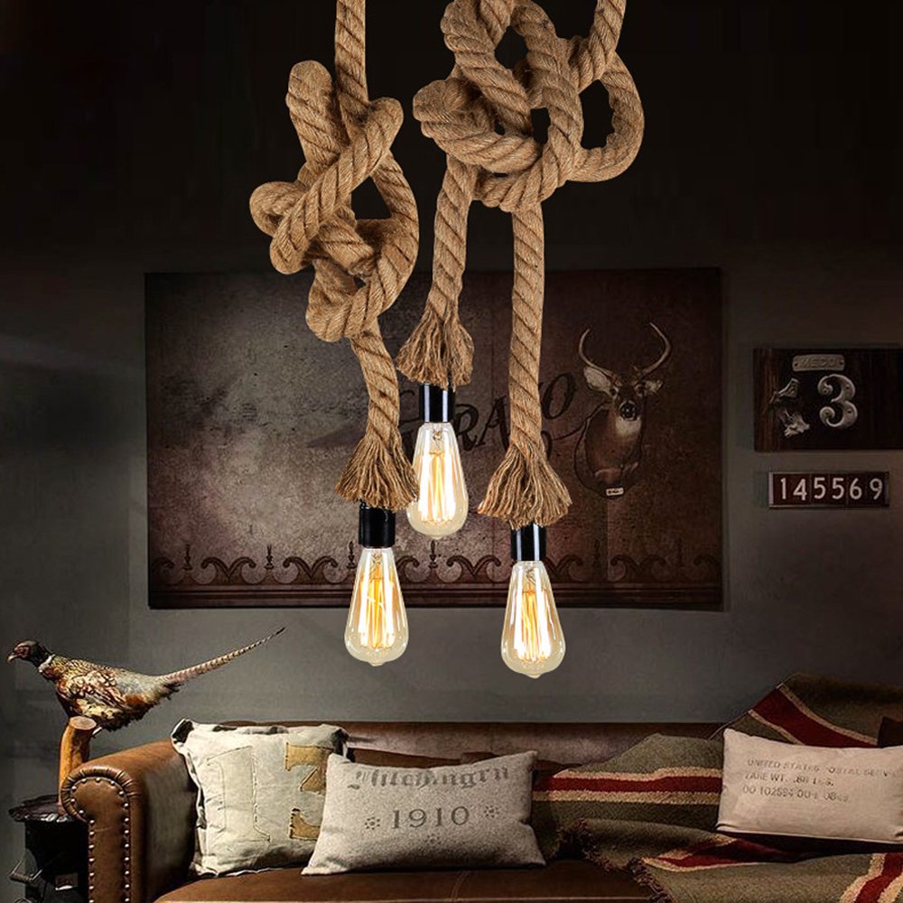 Industriële henneptouw stijl hanglamp, kroonluchter retro bar café plafondlamp verlichting E27(Size:5 Industriële henneptouw stijl hanglamp, kroonluchter retro bar café plafondlamp verlichting E27(Size:5