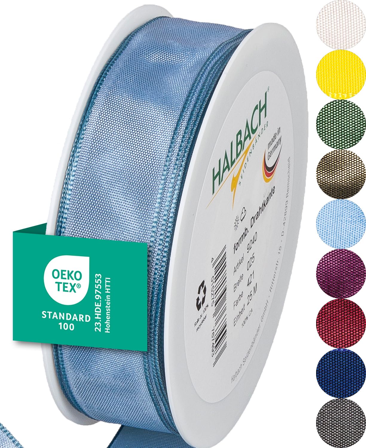 Halbach Seidenbänder Premium Geschenkband mit Drahtkante | Breite 25mm Länge 25m | Öko-Tex 100 zertifiziertes Schleifenband | Taftband Made in Germany, Farbe: düsteres blau