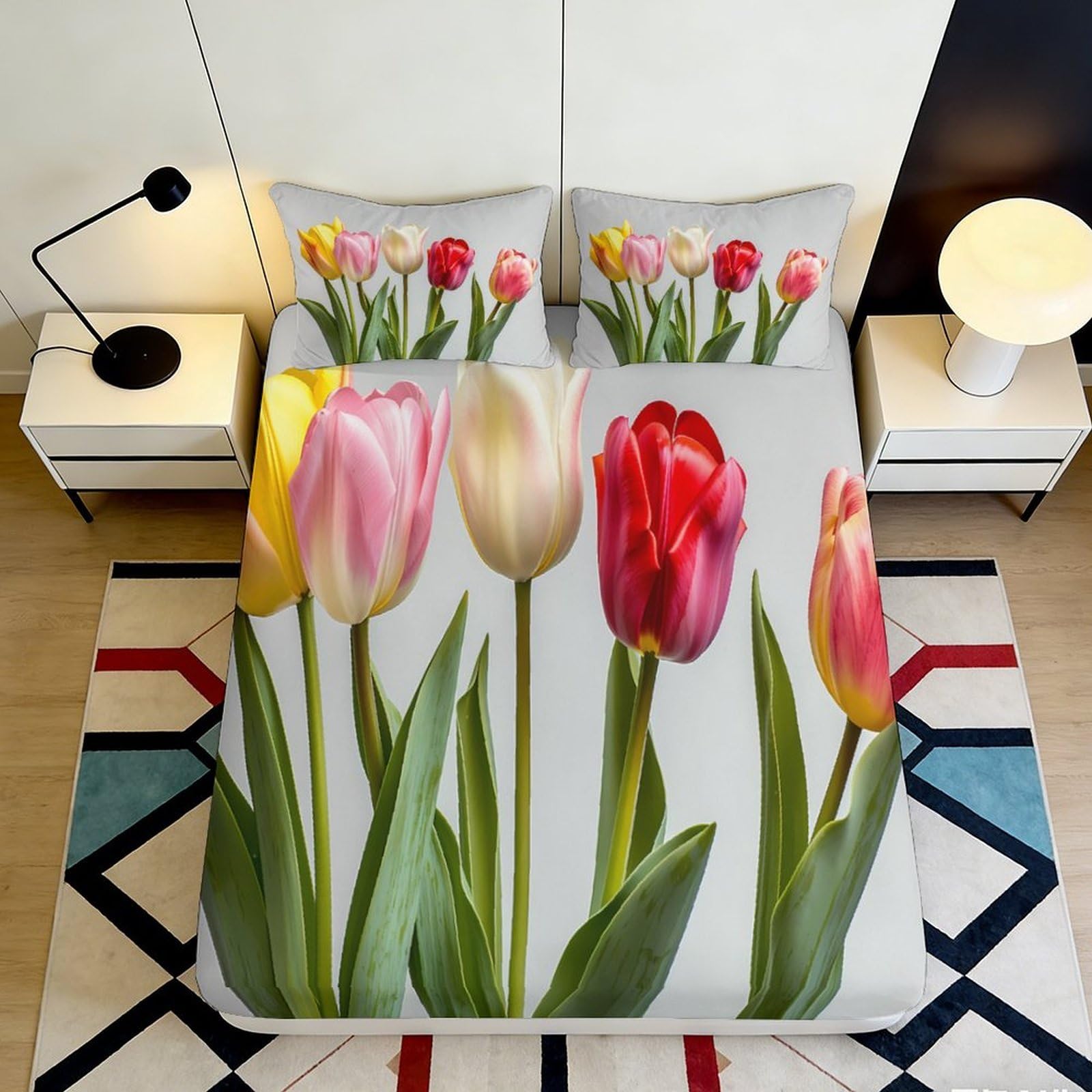3D Printed Tulip Pattern Fitted Sheet Microfiber Non-Slip Deep Pocket Bedroom Bedding Tulip Mattress Fitted Cover Washable Mattress Protection 140x200x25cm