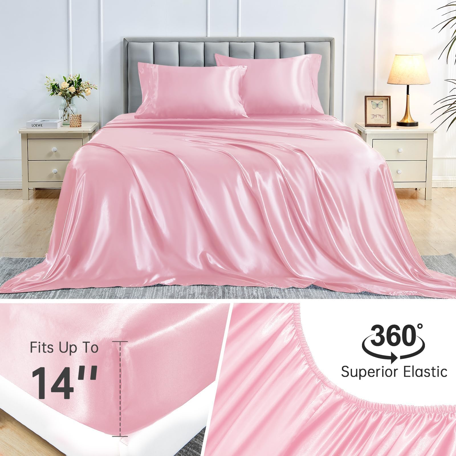 Sasttie Juego de sábanas de satén tamaño Queen, juego de sábanas de satén rosa, suave y ultrasuave, sedoso, con 2 fundas de almohada, color rosa