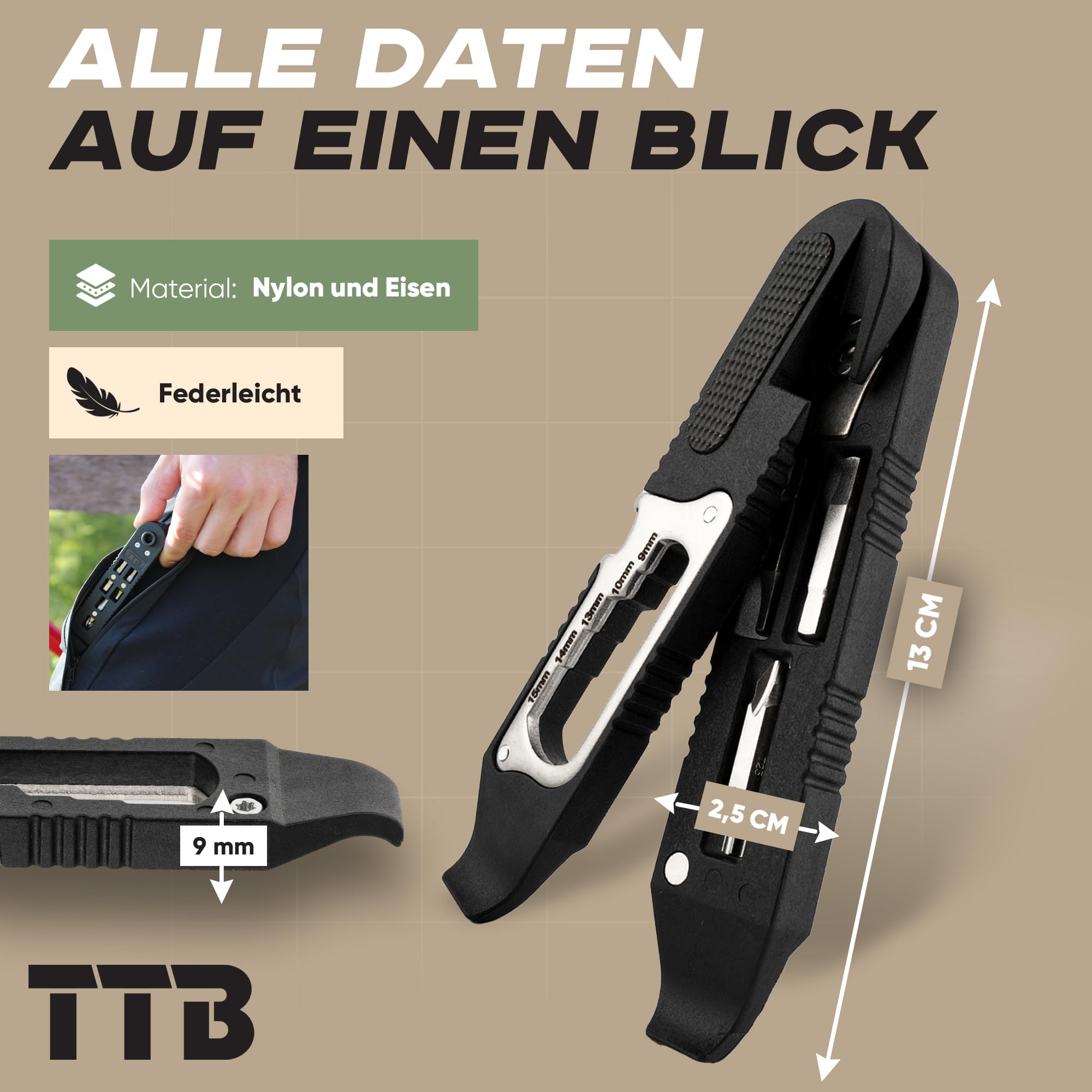 TTB - Herramienta multiherramienta para bicicleta, incluye desmontador de neumáticos, ultraligero, manejable y pequeño, bicicleta de montaña, deportes al aire libre