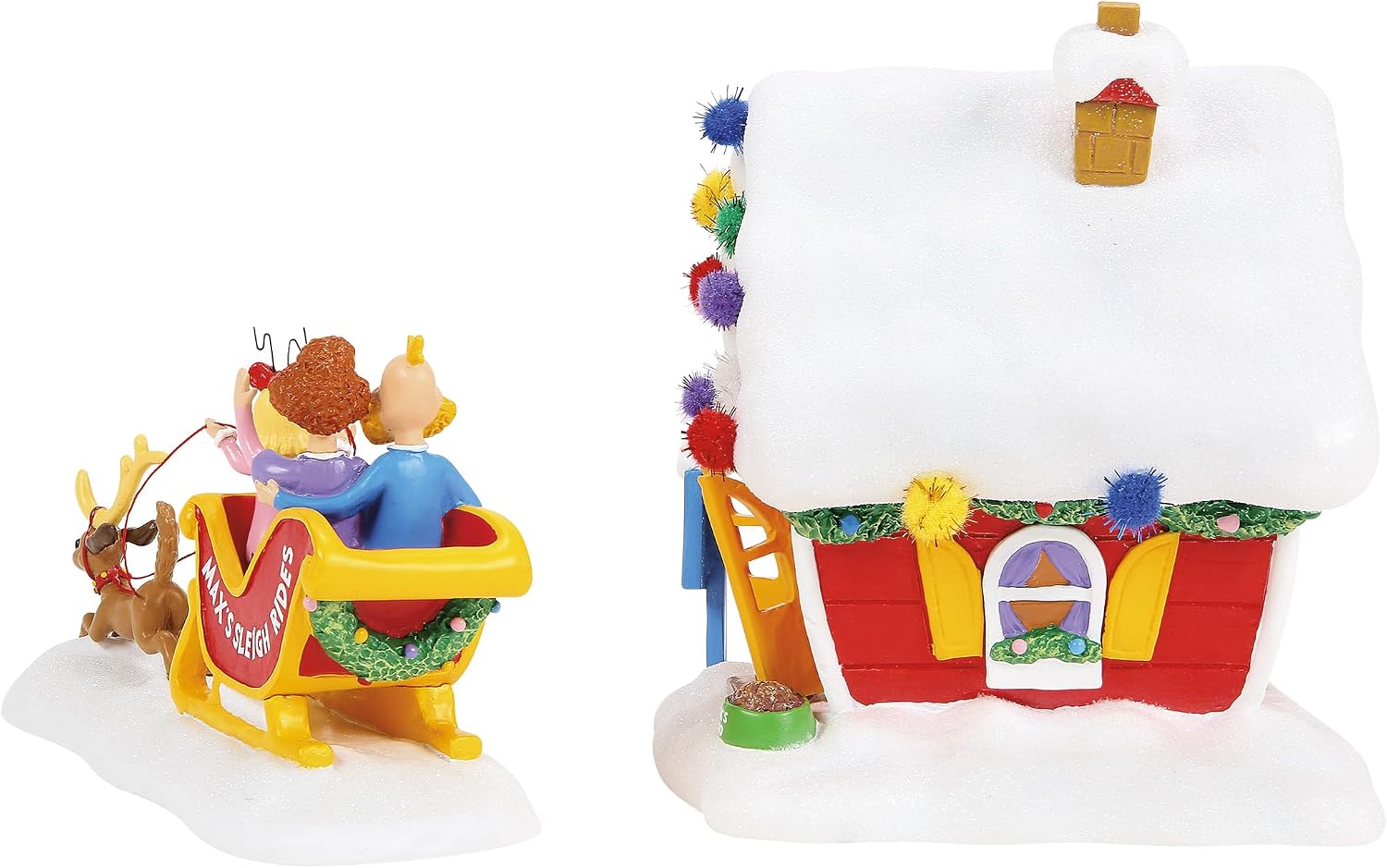 Department 56 Dr. Seuss Grinch Village Max's Sleigh Rides 2-Piece Light Up Building and Figurine Set, 6 Inch, Multicolor
