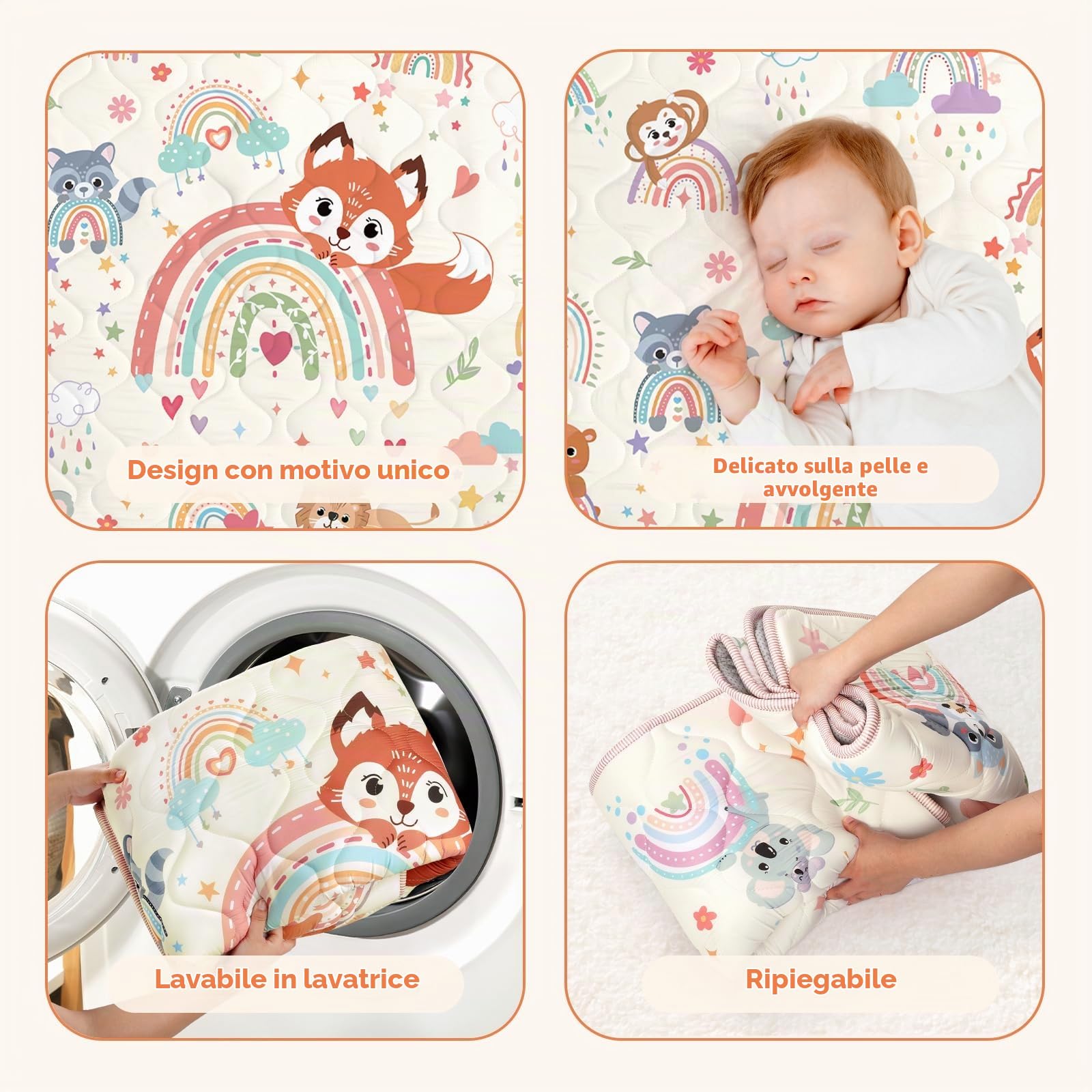decalsweet Tappeto Gioco Bambini 127×127cm, Addensato 2cm Gioco Neonato, Antiscivolo Cameretta Bambina & Bambino, Pieghevole Tappeto Tummy Time Neonati (Animali Arcobaleno)