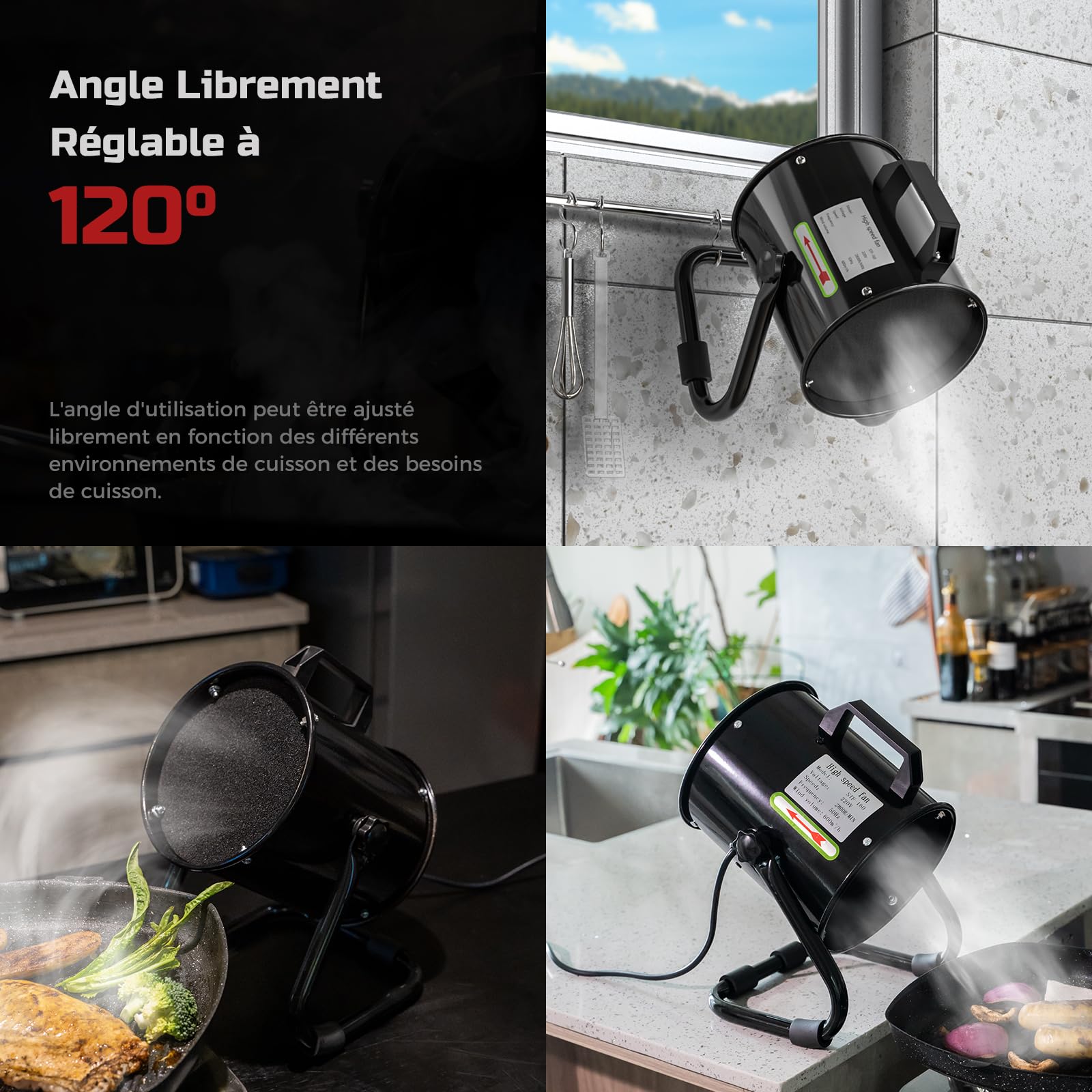 Hotte Aspirante Portable 40W 600m³/h Ventilateur d'Extraction -avec 10 Filtre Charbon Actif/ 120°Réglable/Silencieux/en Alliage Aluminium - pour Ventilation et Évacuation Air dans Cuisine/VR