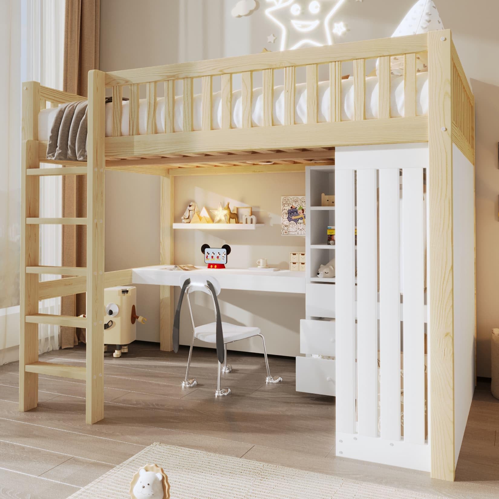 EURHCIO Lit Mezzanine 2 Places 140x200cm,Lit Double avec Grand Bureau,3 Tiroirs,3 étagères,Armoire,Haute Barrière de lit,Sommier à Lattes Solide,pour Adolescents (Naturel, 140x200)