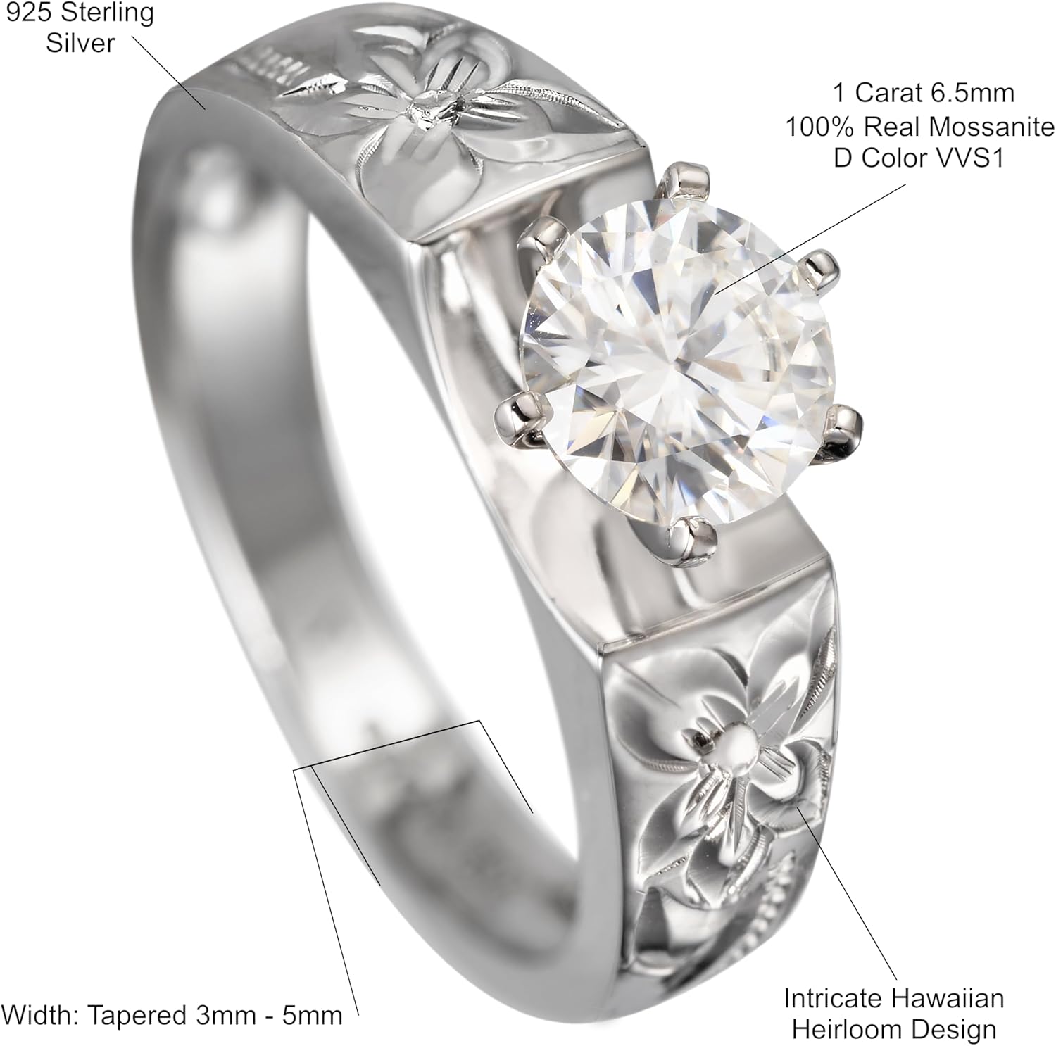 925 Sterling Silver Hawaiian Heirloom Princess Plumeria Flower Scroll Ring Stackable Wedding Engagement Promise Band, Topaz, Opal, D VVS1 Moissanite Diamond, Nickel Free Hypoallergenic for Sensitive Skin, with Gift Box (1 CT Moissanite Tapered, 5)