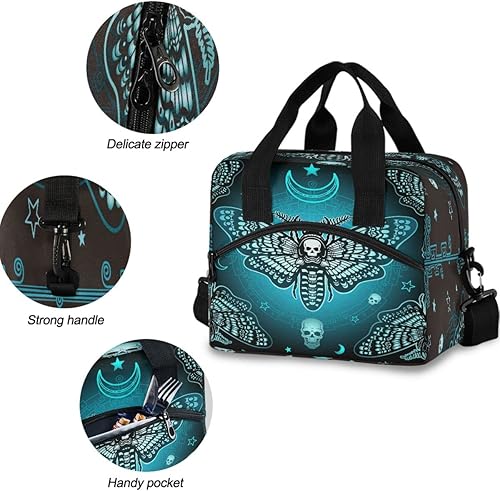 Miniatura 5 de MNSRUU Bolsa de almuerzo aislada con diseño de calavera de mariposa, misticismo, bolsa de almuerzo reutilizable con correa de hombro ajustable