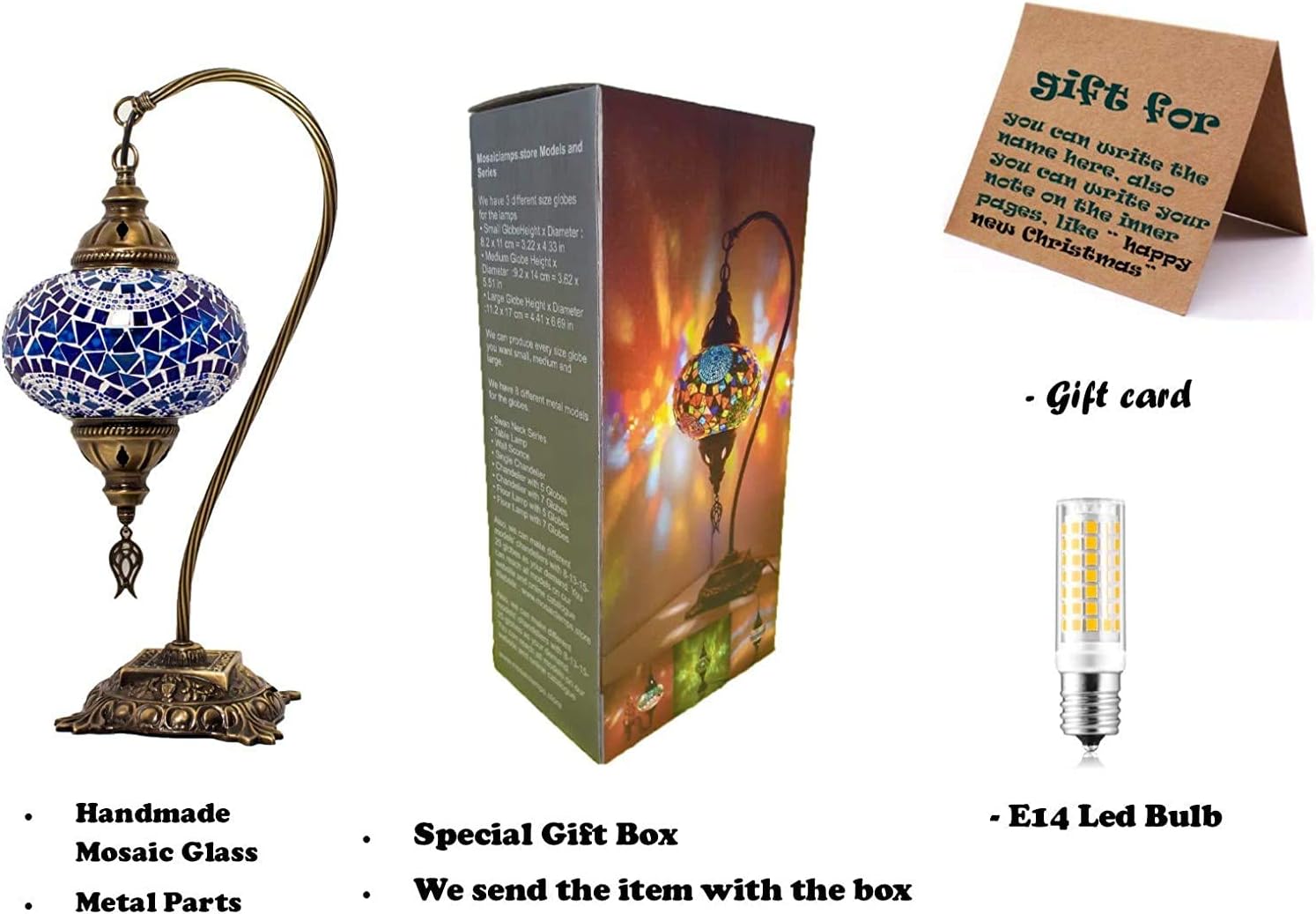 Turkish Moroccan Mosaic Light - Handmade Glass Swan Neck Table Lamp, Tiffany Style Bohemian Colorful Bedside Night Light With LED Bulb (Multi-colored, 6 Variations)