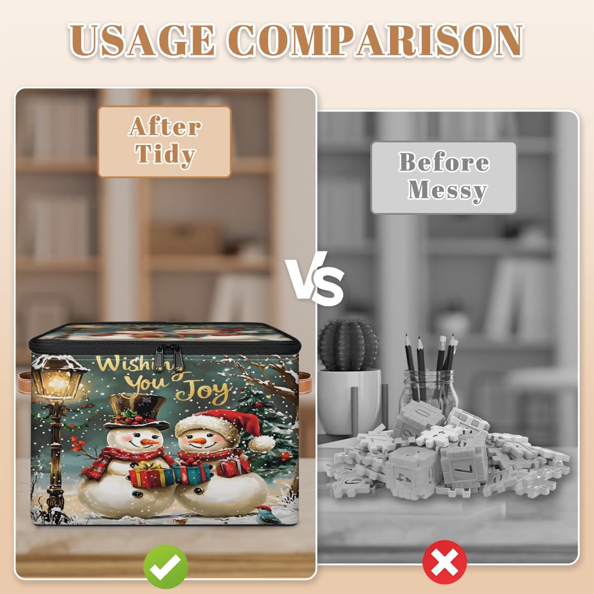 Storage Bin Set of 2 Winter Snowmen Storage Basket with Zipper Lid & Handle Foldable Closet Shelf 2 Pack Cloth Organizer Basket Cube Bins for Bedroom, Nursery
