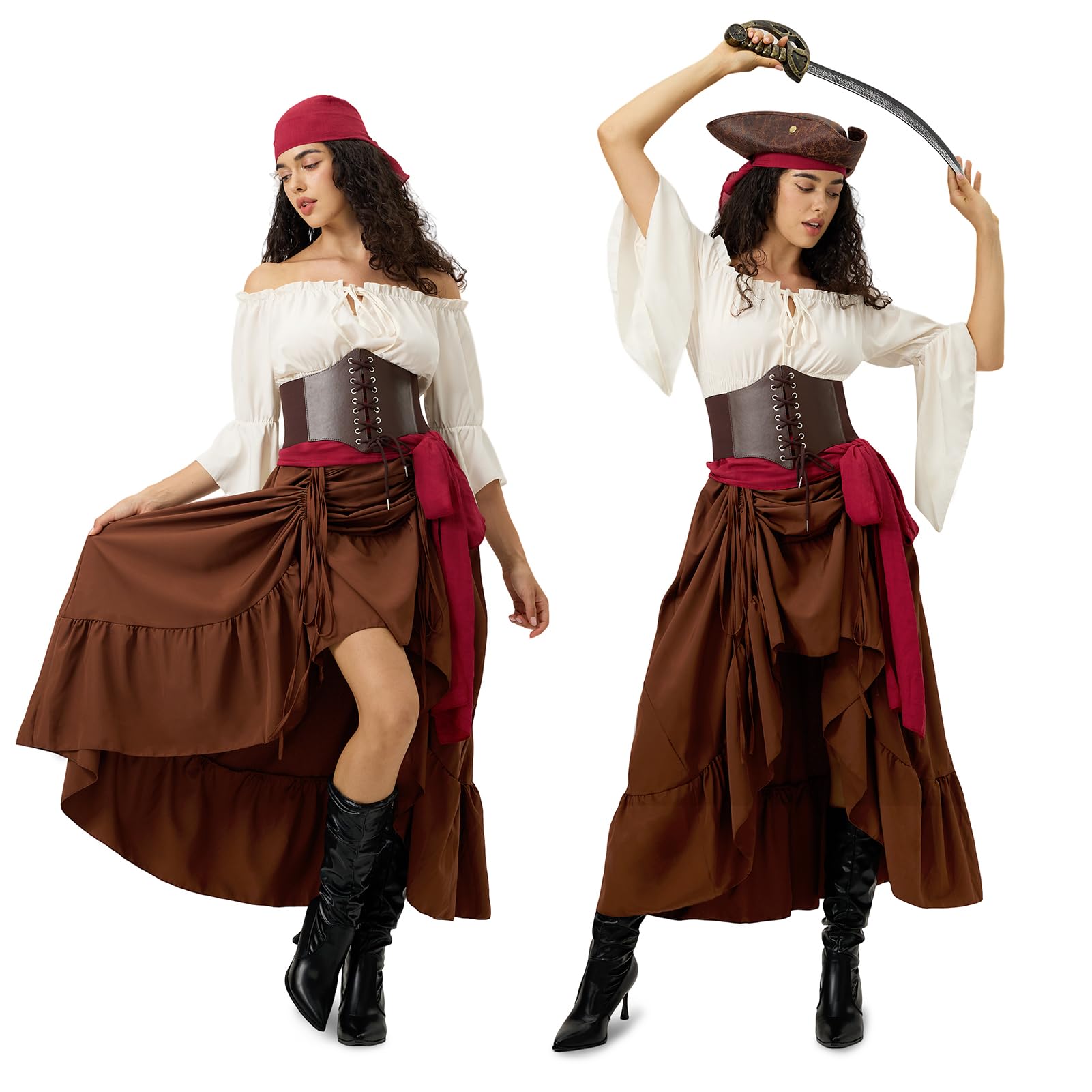Piratenkostüm Damen, Mittelalter Piraten Kostüm Set, mit Piraten Accessoires Piraten Kopftuch, Taillengürtel, Mittelalter Kleid Damen mit Piraten Korsett, für Karneval Fasching, Halloween, Mottoparty