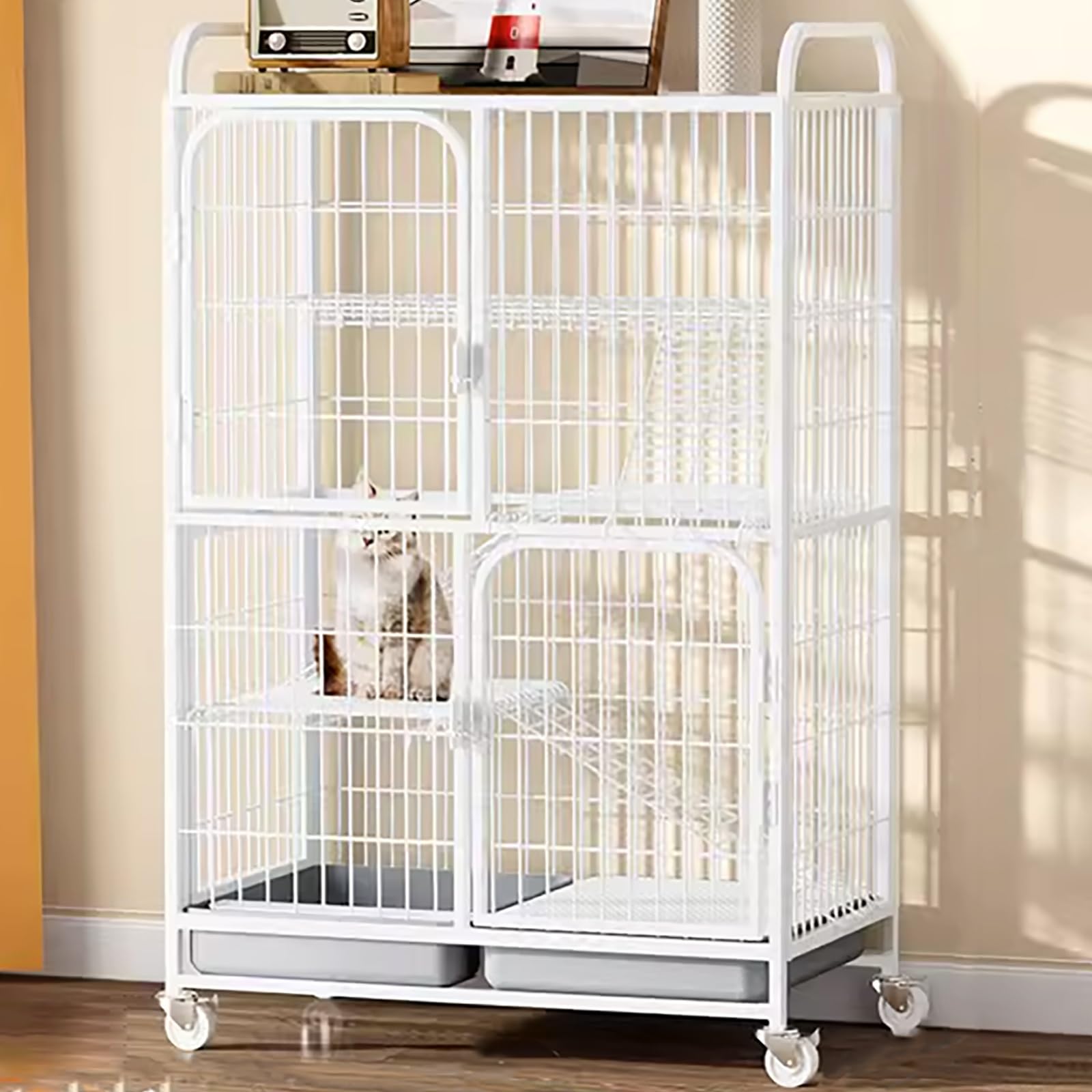 Gabbia per gatti grande, gabbia per animali domestici, gabbia per gatti in filo metallico, box giochi, cuccia per gatti da interno, fondo con rotelle, posizione di movimento libero, per 1-2 gatti