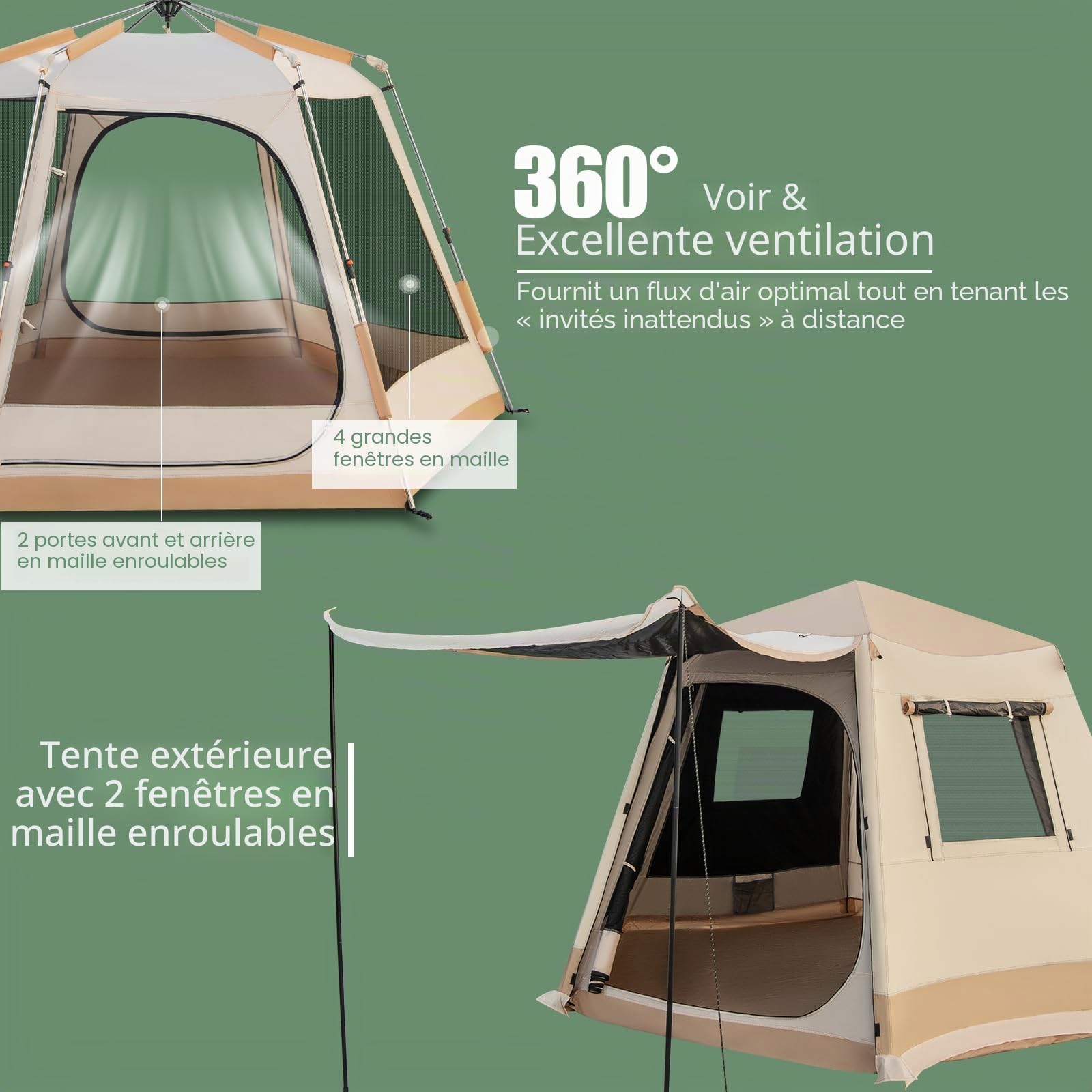HOMASIS Tente de camping hexagonale pour 4 à 6 personnes, tente Pop-up automatique avec double porte et sac de transport, tente familiale avec moustiquaire, pour randonnée, plage, 330 x 270 x 200 cm,