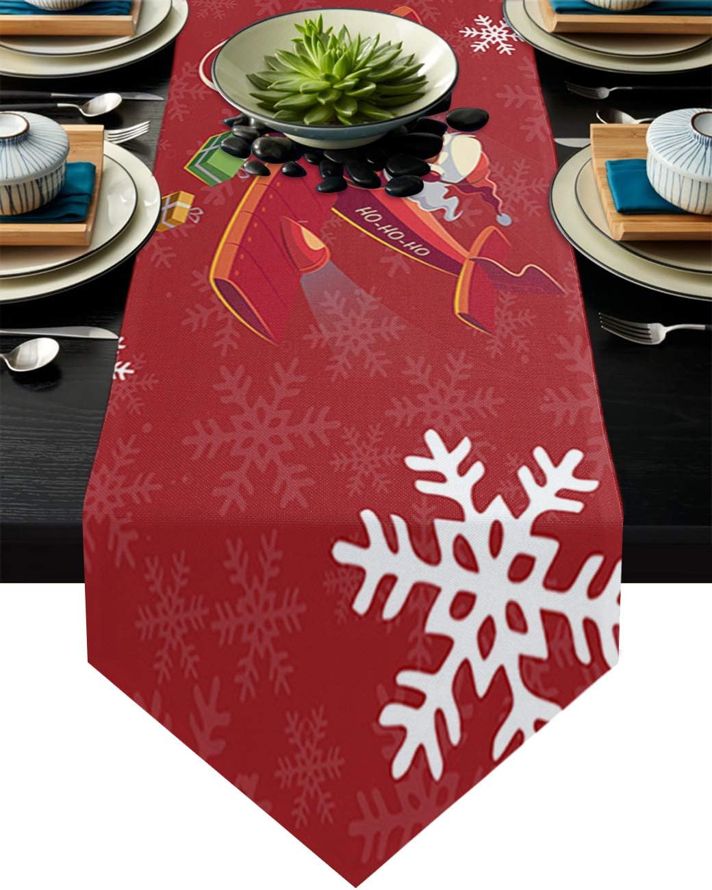 Santa Claus Merry Christmas Coffee Table Runner 13x120 Inches Long Washable Burlap