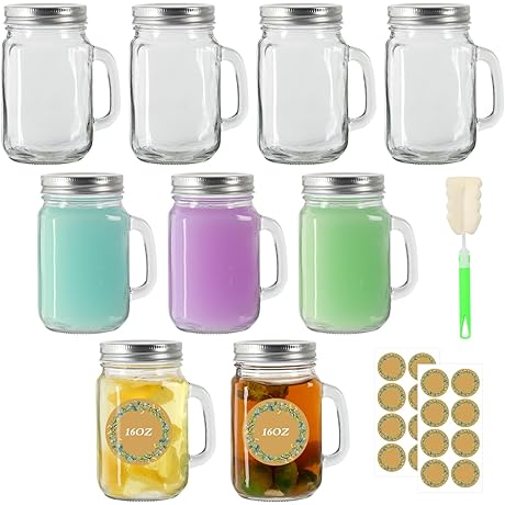 SZUAH 16 oz Glass Mason Jar Mugs with Handle and Lid (9-Pack)