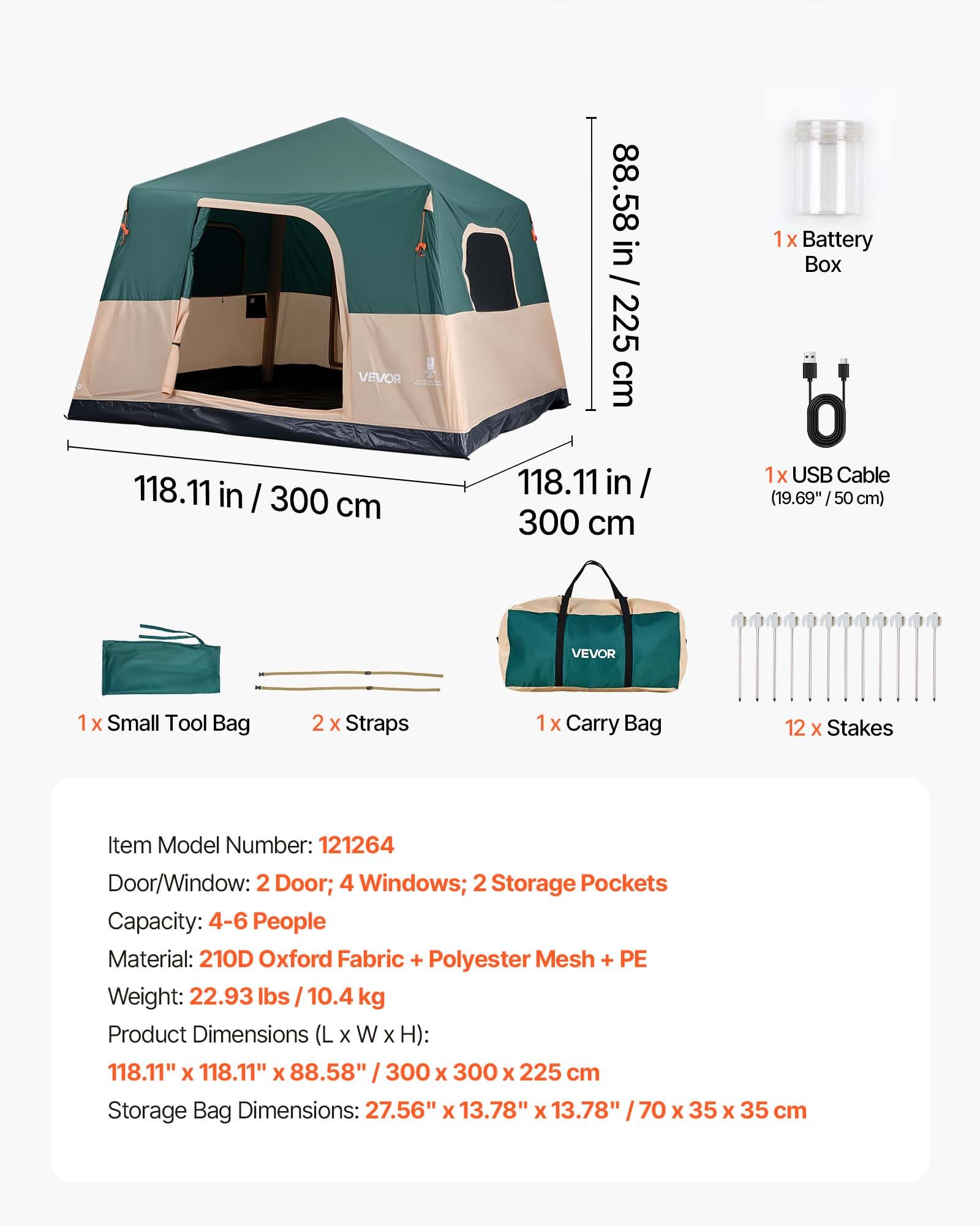 VEVOR Campingzelt 6 Personen, Aufblasbares Familienzelt mit Wiederaufladbarer Pumpe, TPU-Luftschlauch & 4 Netzfenstern, Kabinenzelt mit Tragetasche für Familien-Camping & Wandern, Grün