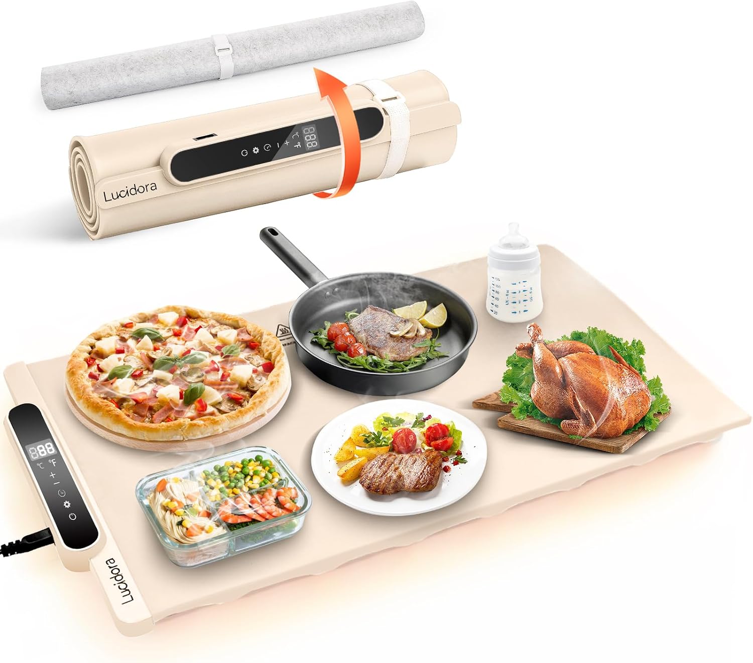 Food Warming Mat, Electric Rollable Food Warmer 10 Levels Temperature & 10-Hour Timer Large Warming Tray with Child Lock for Parties & Buffet, Extra-Long 6.5ft Cord, Navy Blue