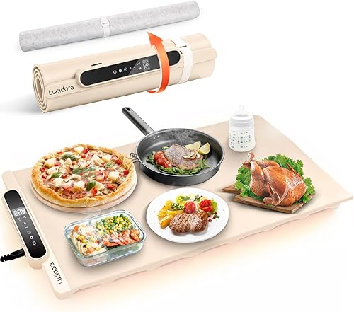 Tapete de calentamiento de alimentos, calentador eléctrico enrollable de alimentos, 10 niveles de temperatura y temporizador de 10 horas, bandeja de