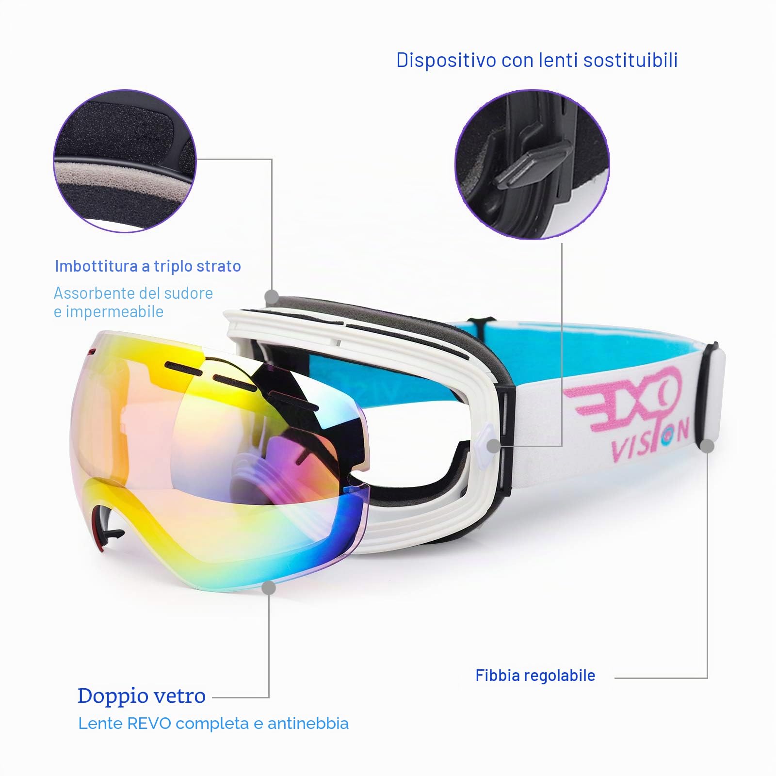 EXP VISION - Occhiali da sci e da snowboard per uomo e donna, 100% protezione per UV400, anti appannamento sulle lenti, con vetro sferico rimovibile