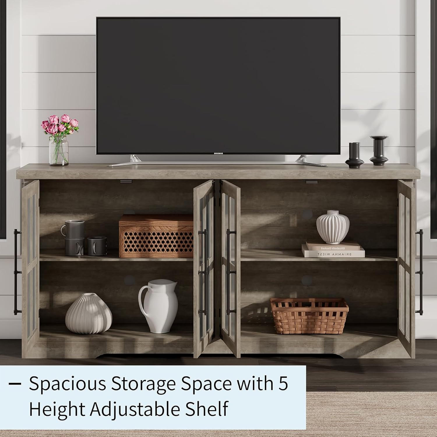 63" Farmhouse TV Stand with 4 Glass Doors, Modern Buffet Sideboard Cabinet with Storage, Entertainment Center with Adjustable Shelf for TV's up to 75", Wash Grey
