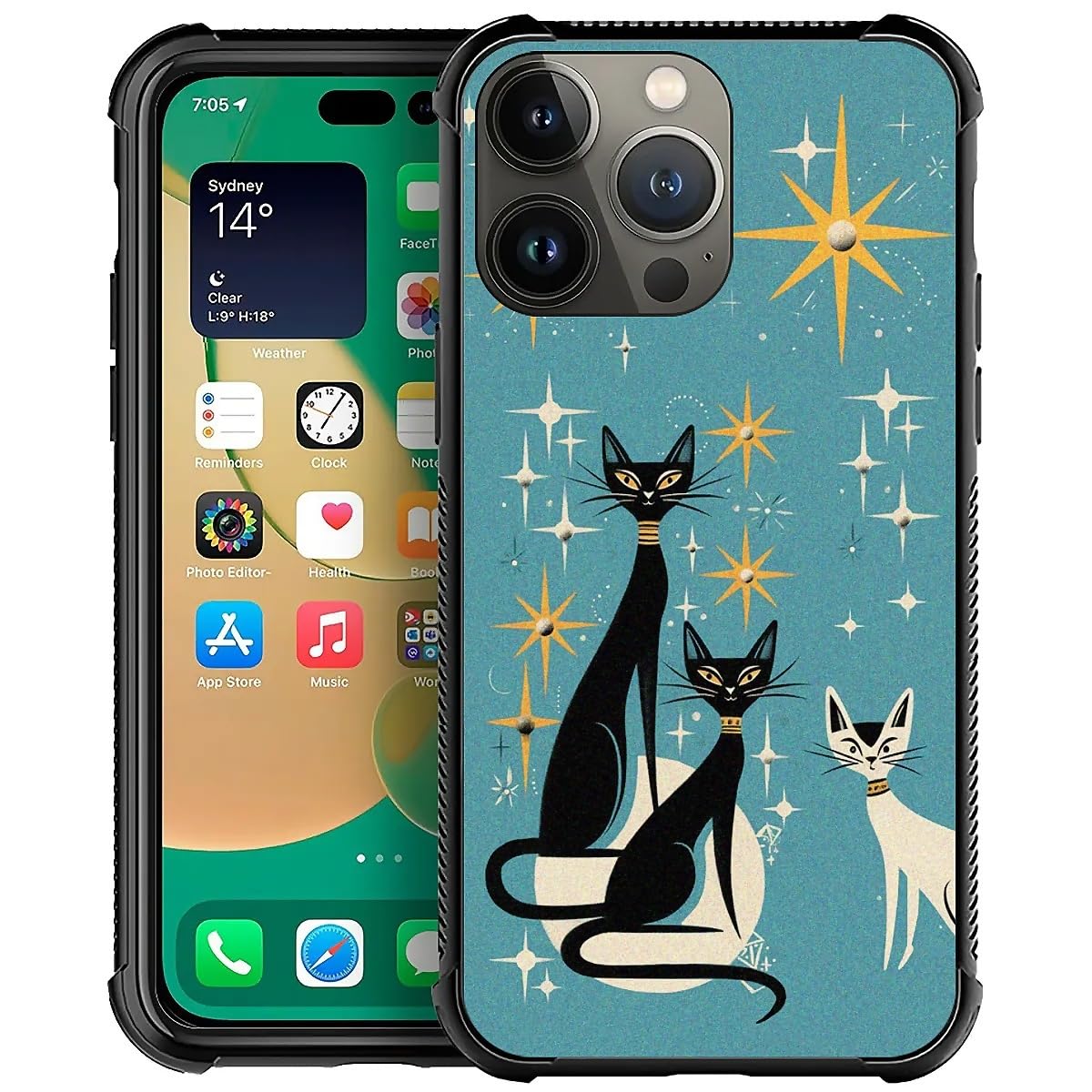 Phone Case Compatible with iPhone 13 Pro - Wireless Charging Compatible S Mid Century Cat TPU Bumper and