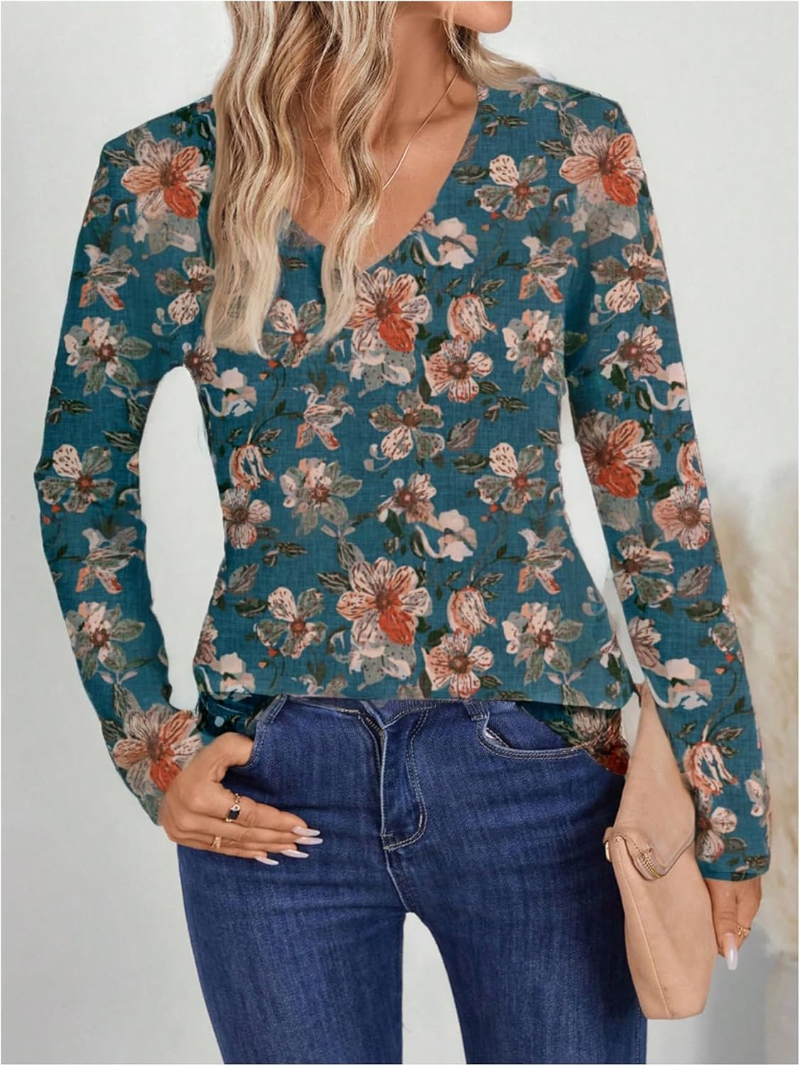 Floerns Women's Floral V Neck T Shirts Long Sleeve Dressy Casual Tee Tops Fall Outfits - Image 5