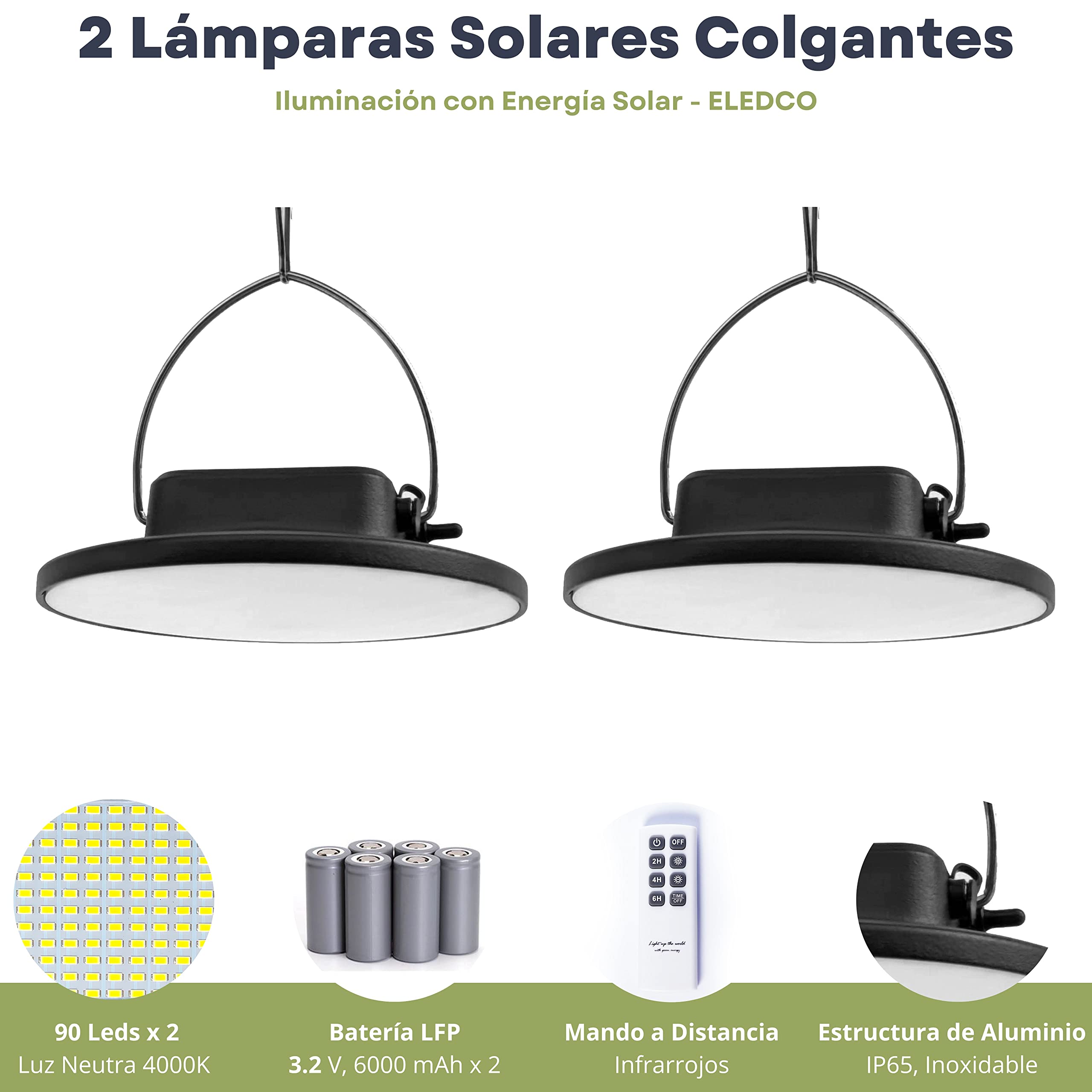 Lámparas Solares Colgantes, 2 Lámparas LED, Exterior, Interior, Luces Solares con Placa Solar, Batería, Mando a Distancia, IP65, Autonomía 8-15 Horas