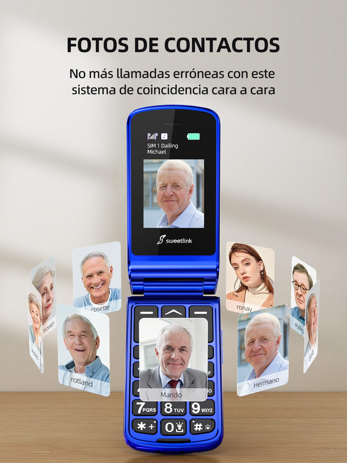 SweetLink F2 Teléfono Móvil para Personas Mayores, con Tapa de Teclas Grandes y Volumen Alto, Botón SOS, Contactos con Imágenes, USB-C, Doble SIM, Pantalla 2,4", FM Radio, Azul